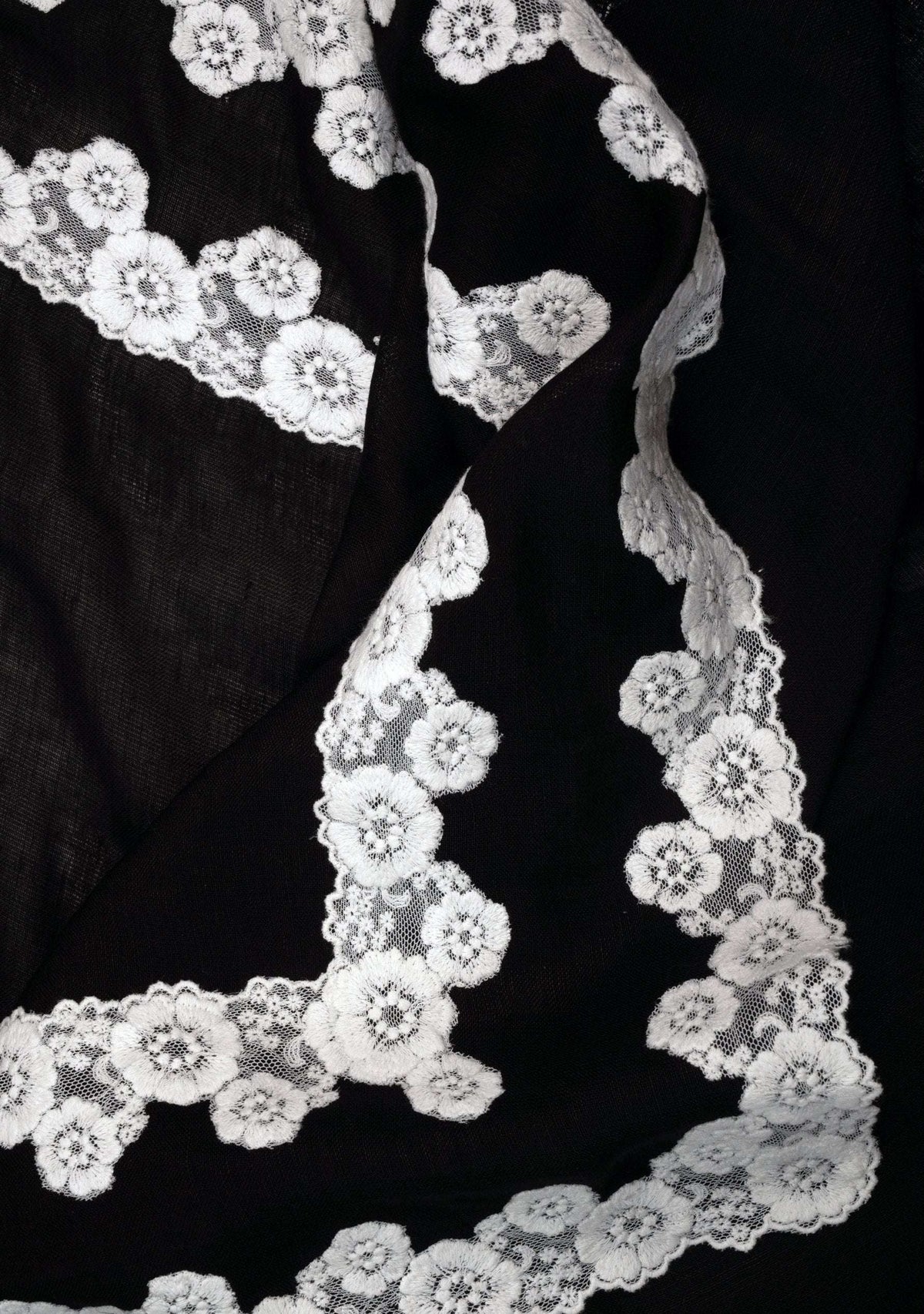 Black linen and modal scarf with white lace