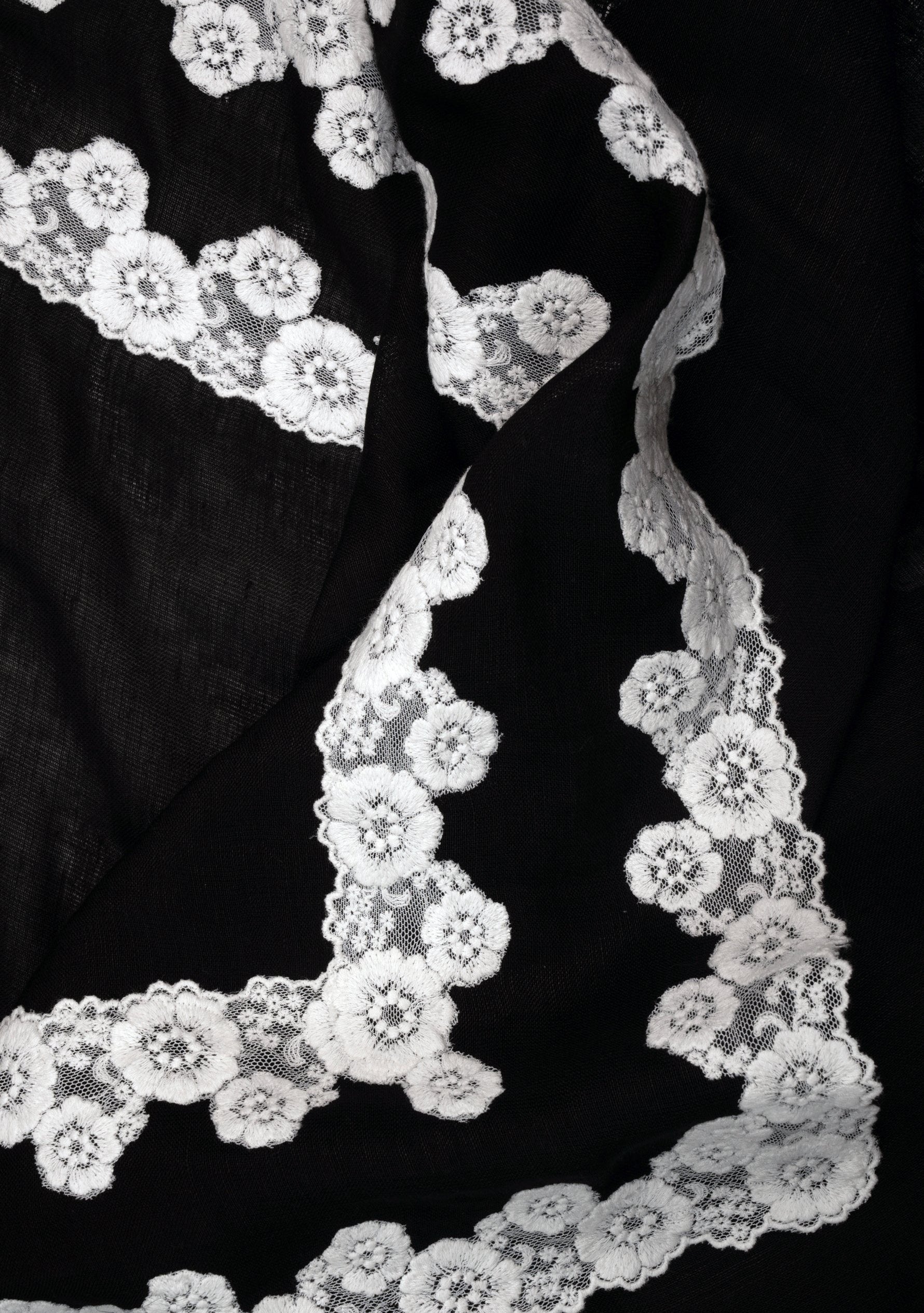 Black linen and modal scarf with white lace