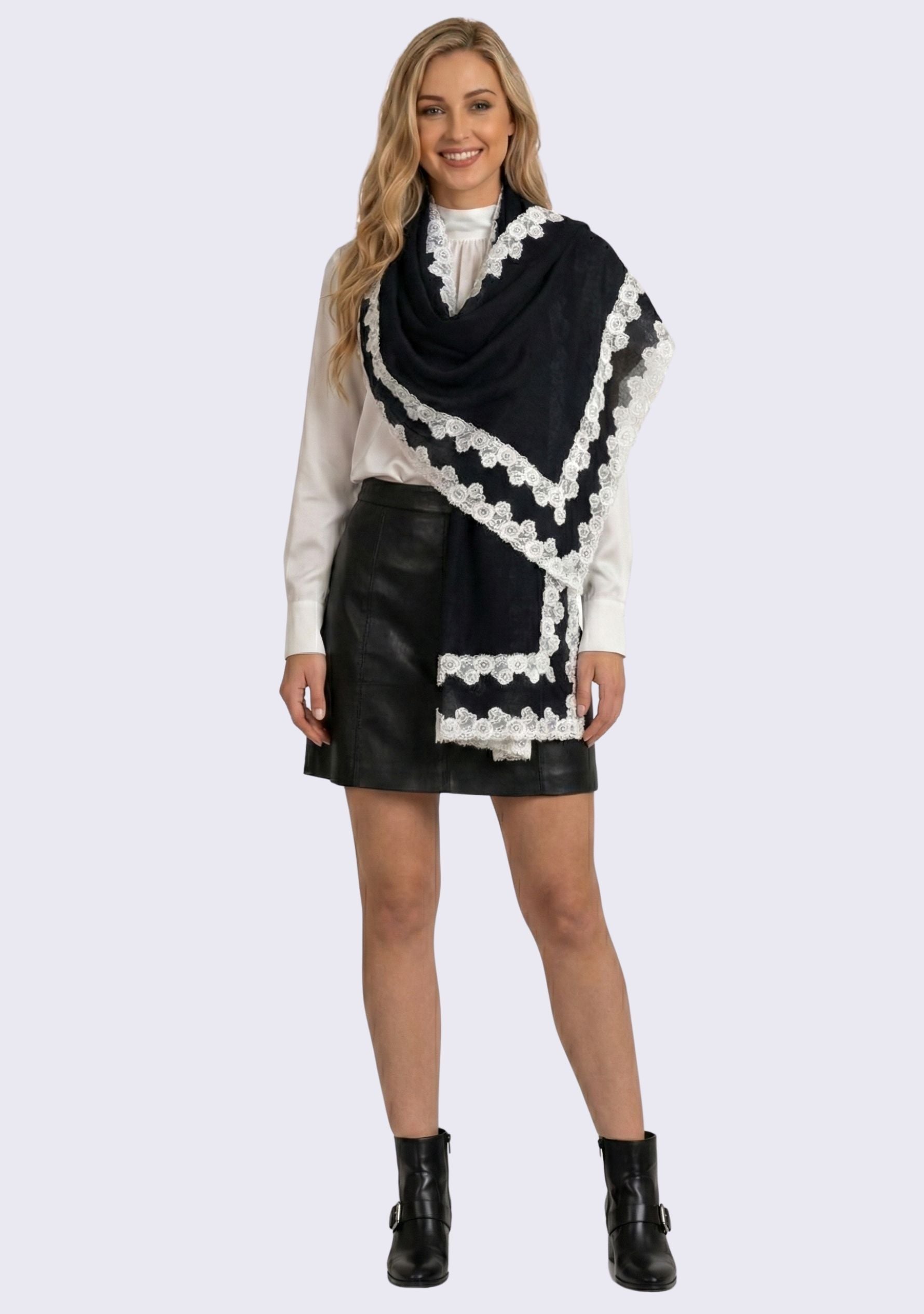 Black linen and modal scarf with white lace