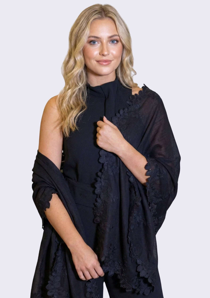 Black silk and wool scarf with black scalloped lace