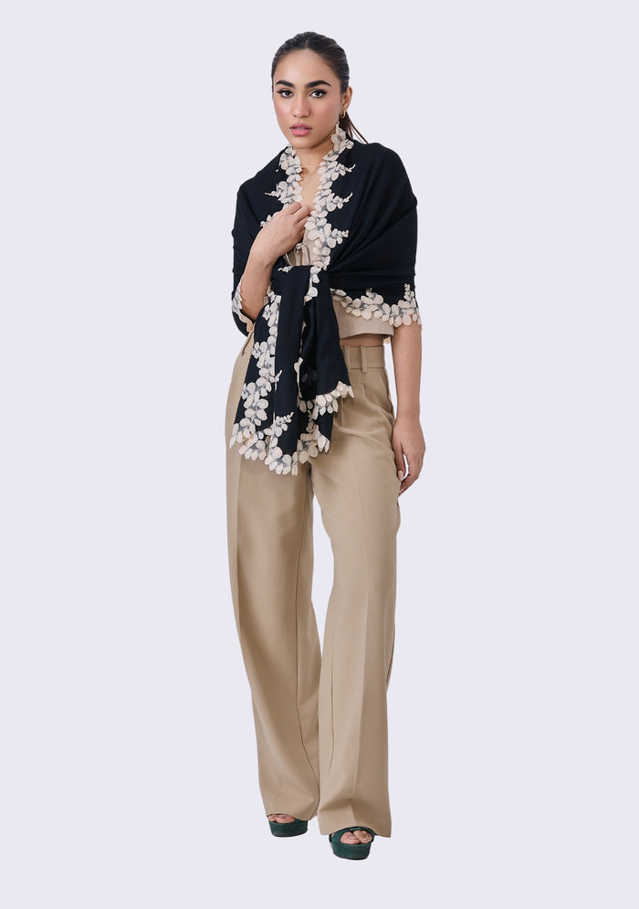 Maneesha Ruia black silk and wool scarf with handcrafted scalloped lace detail