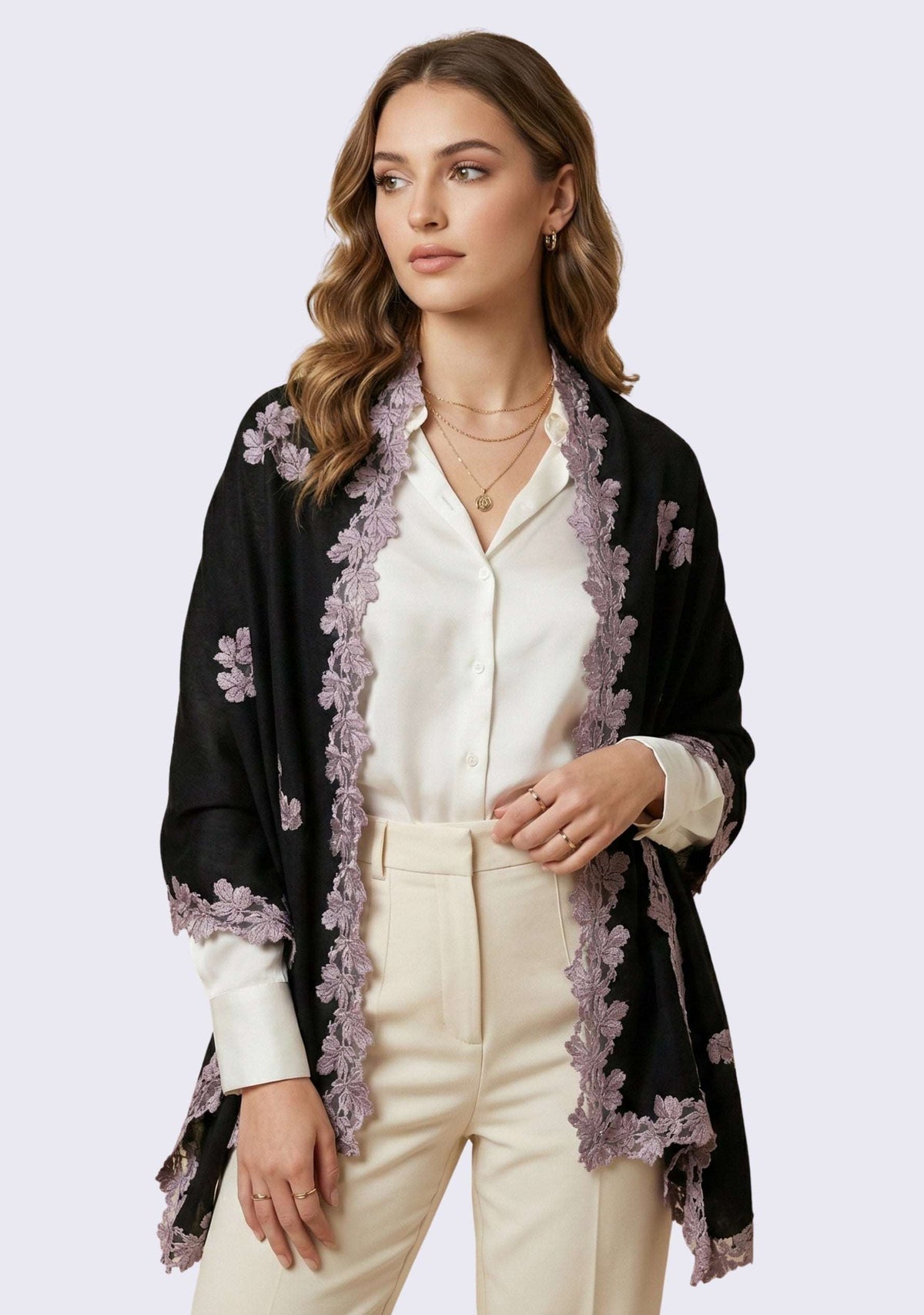 Black silk and wool scarf with silver lace