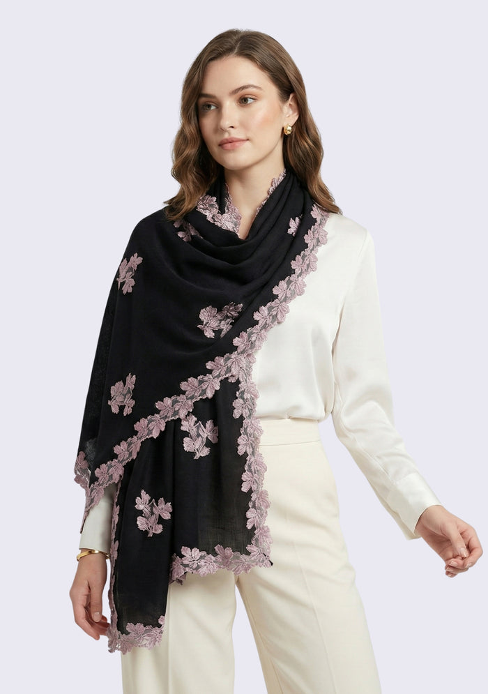 Black silk and wool scarf with silver lace