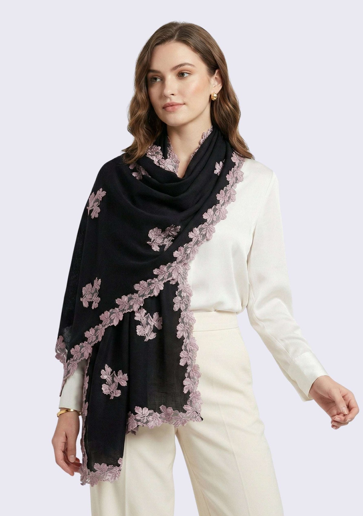 Black silk and wool scarf with silver lace