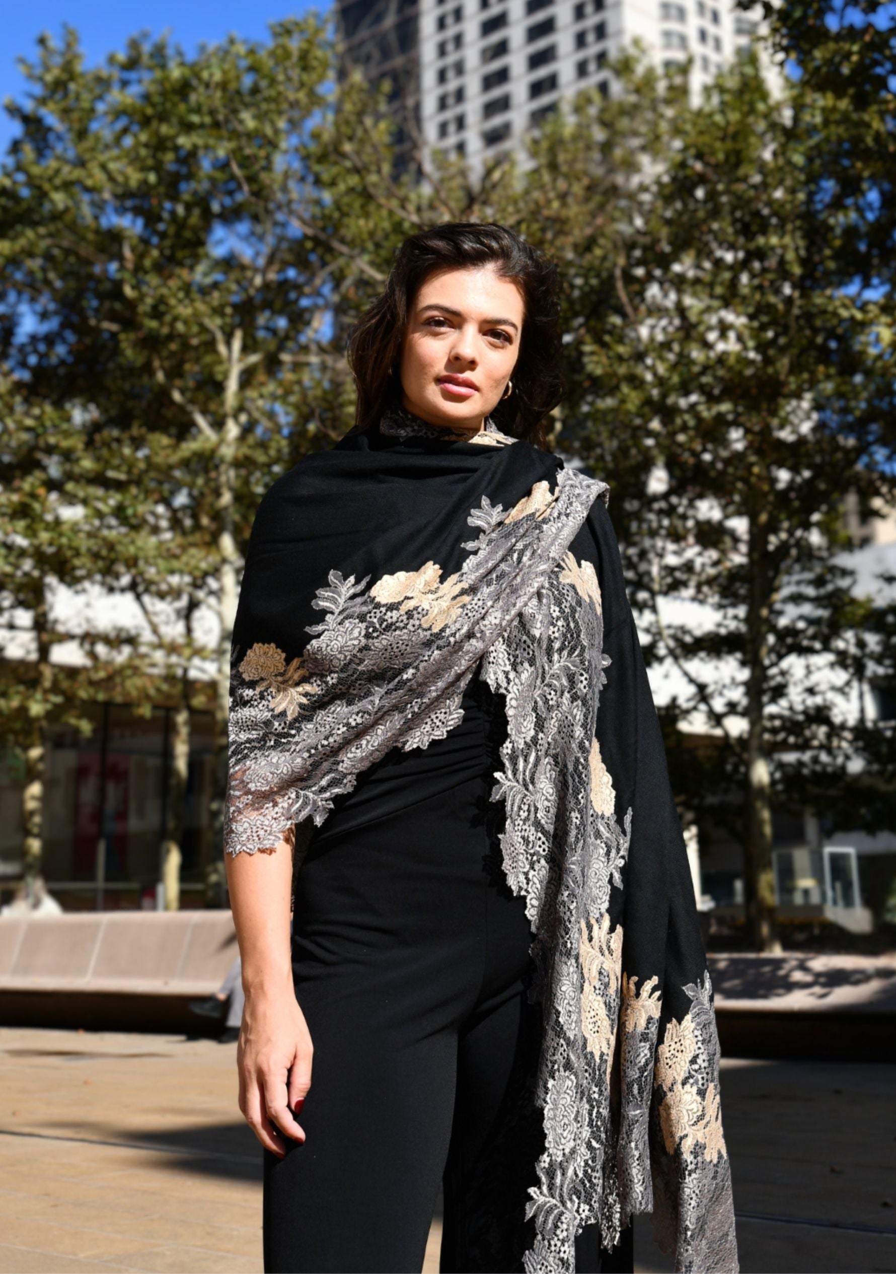 Black wool and silk scarf with antique silver and dark gold double color lace