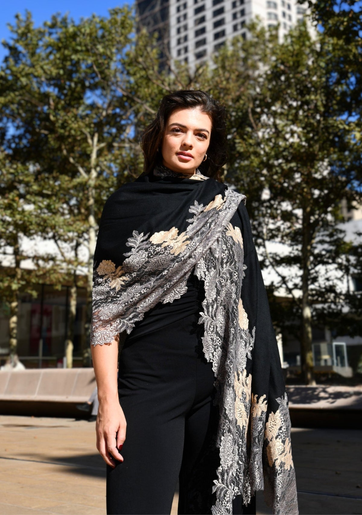 Black wool and silk scarf with antique silver and dark gold double color lace