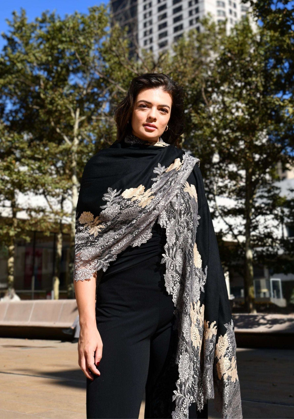 Black wool and silk scarf with antique silver and dark gold double color lace