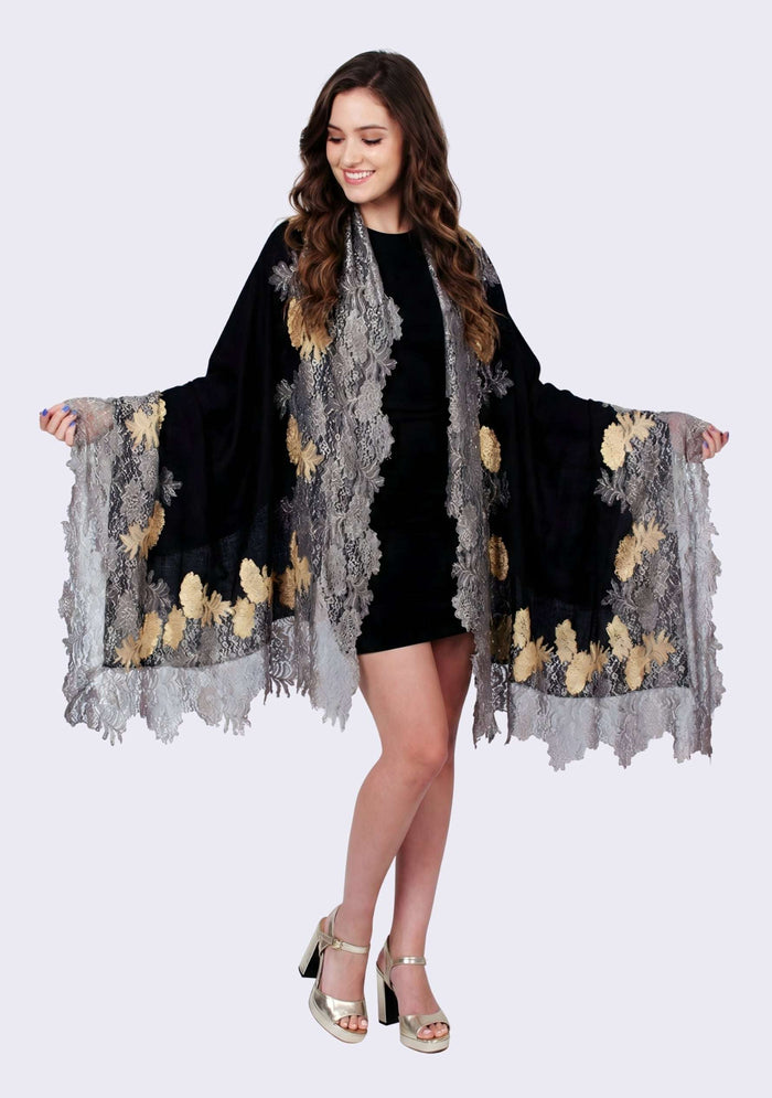 Black wool and silk scarf with antique silver and dark gold double color lace