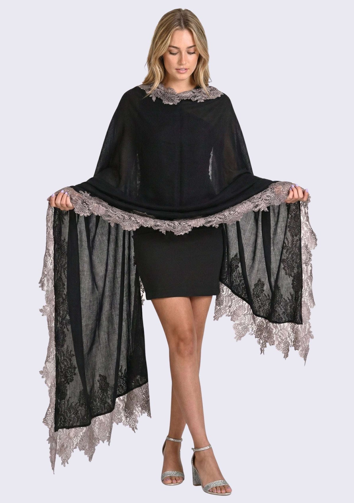 Black wool and silk scarf with antique silver lace