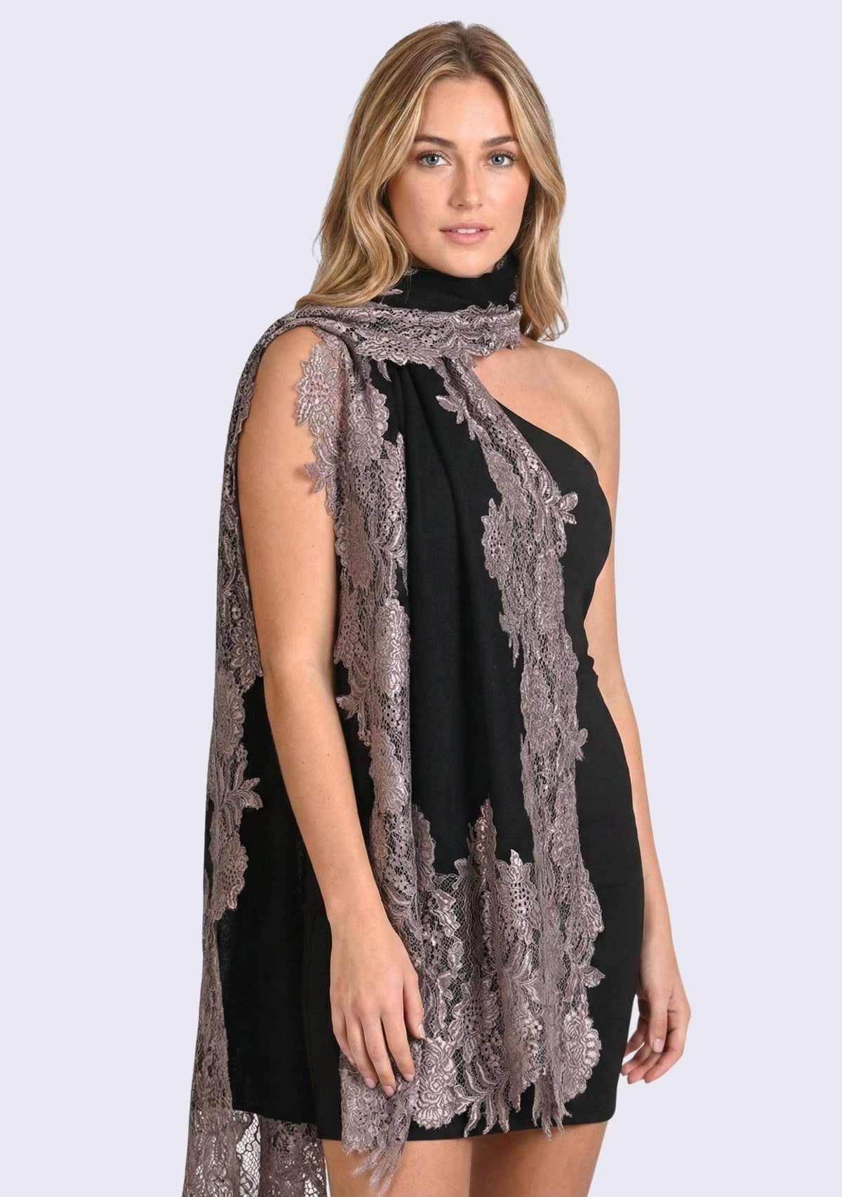 Black wool and silk scarf with antique silver lace