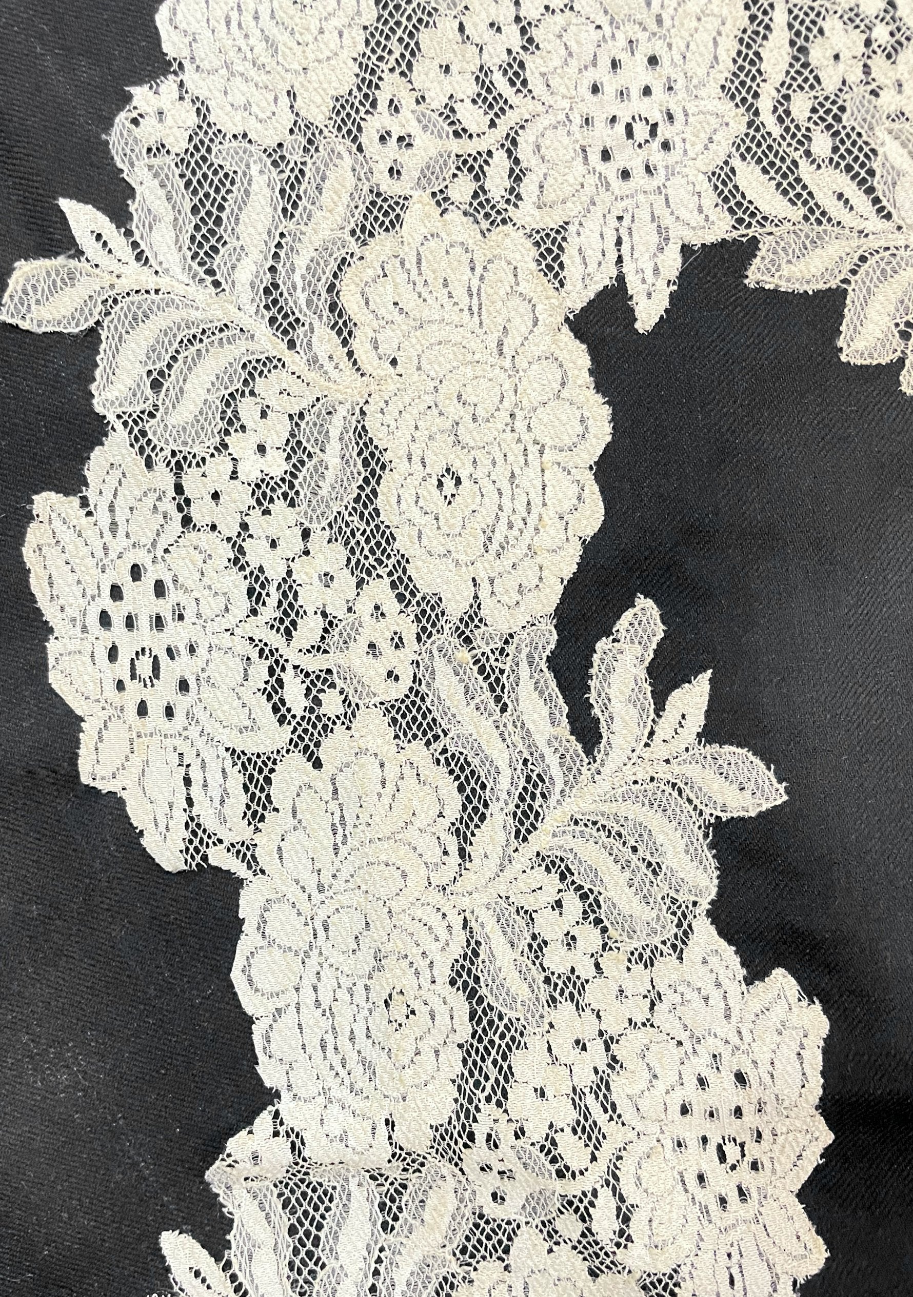 Black wool and silk scarf with beige lace