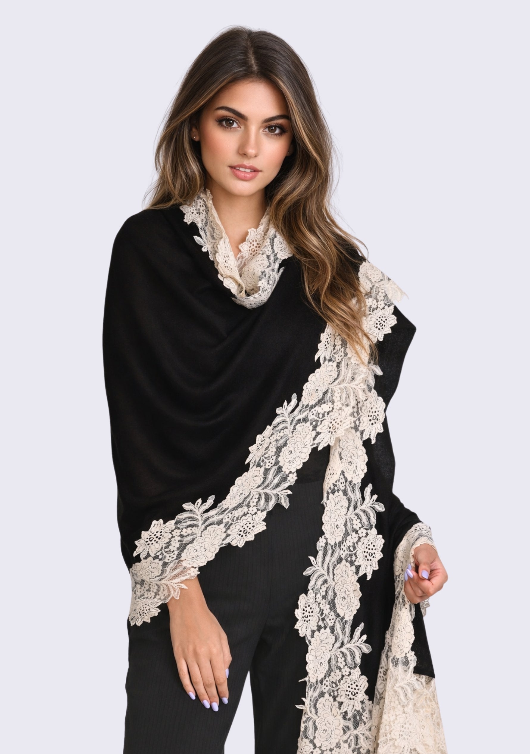 Black wool and silk scarf with beige lace
