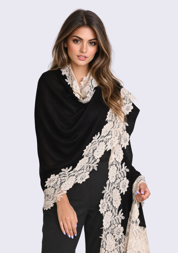 Black wool and silk scarf with beige lace