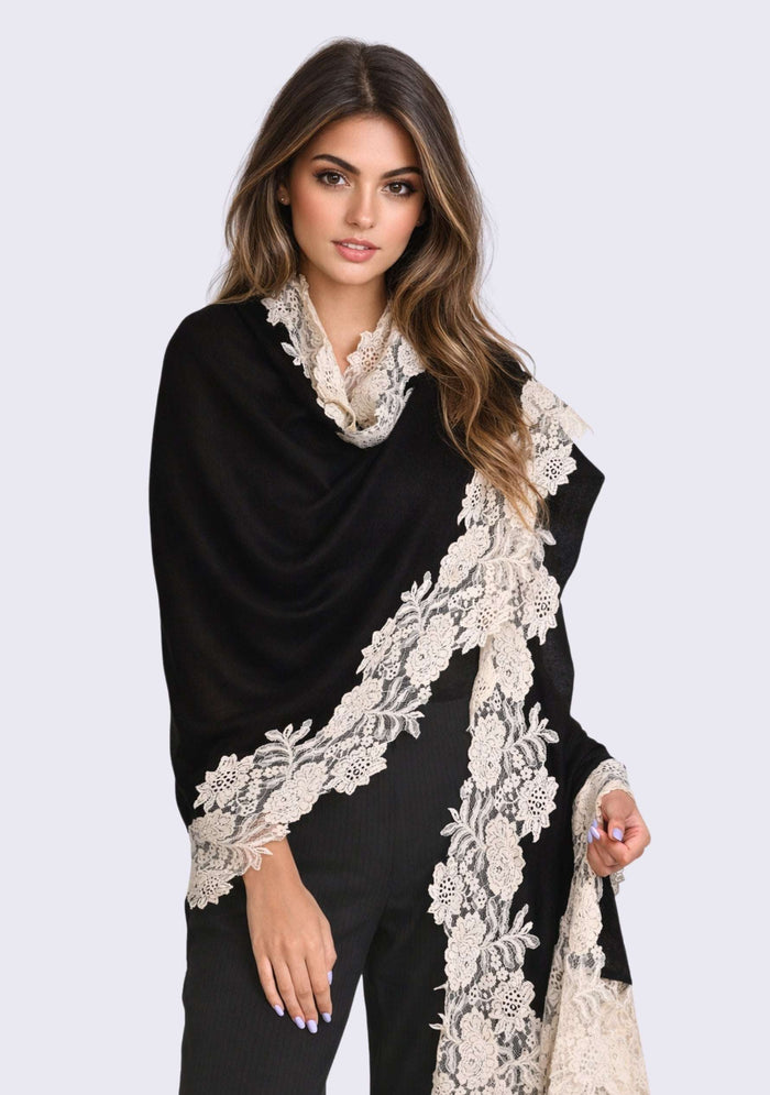 Black wool and silk scarf with beige lace