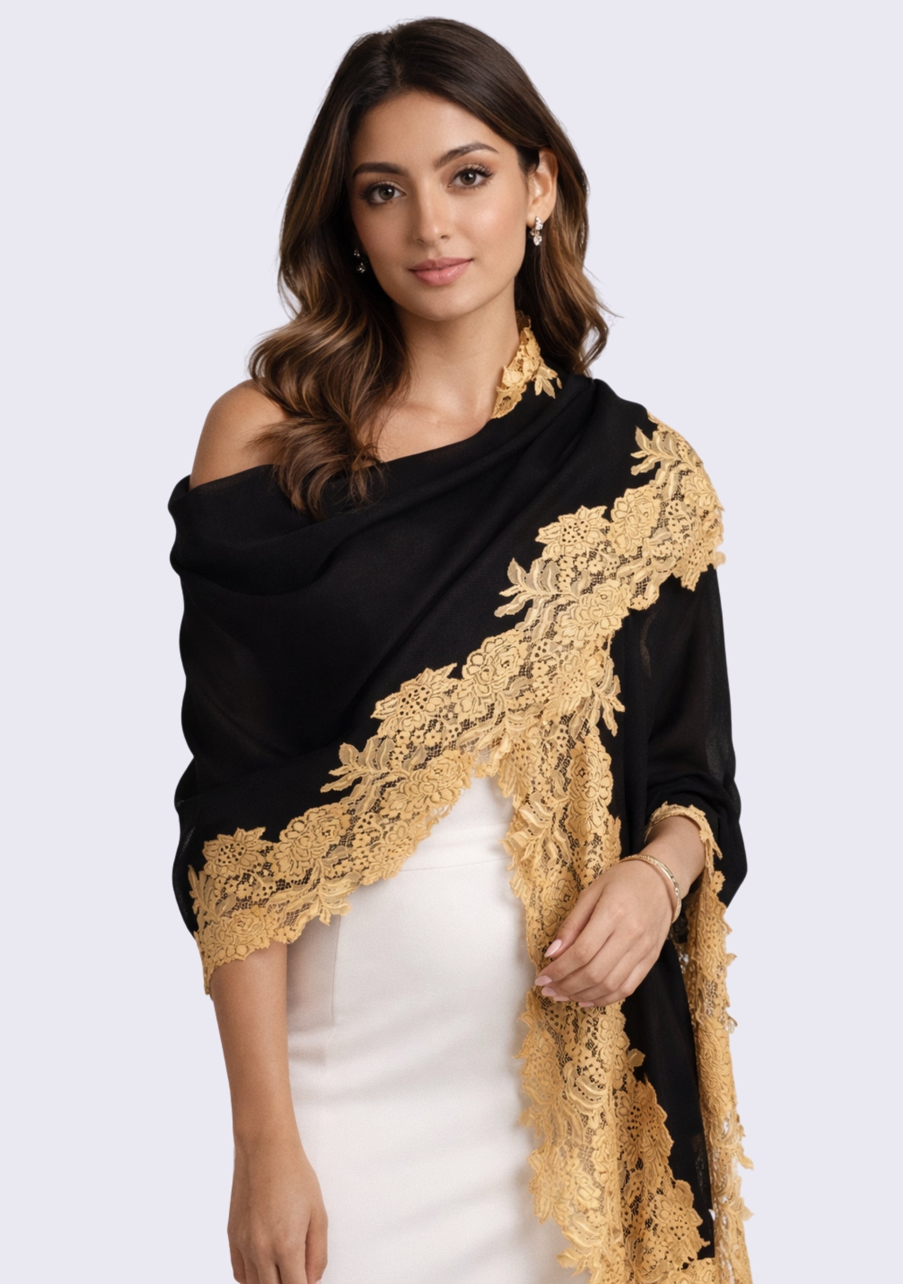 Black wool and silk scarf with dark gold lace