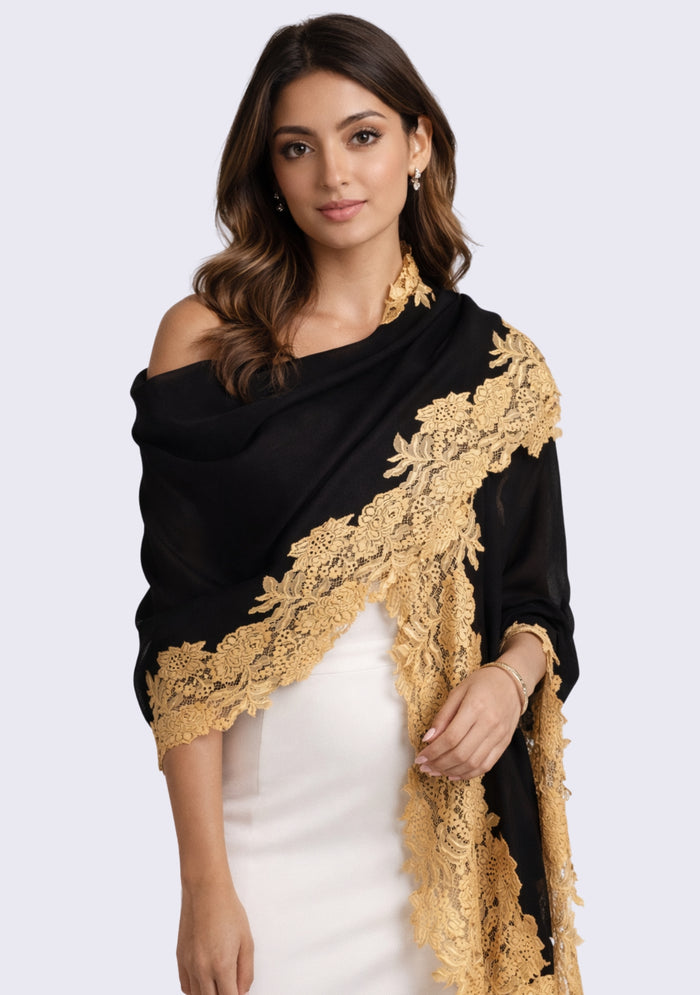 Black wool and silk scarf with dark gold lace