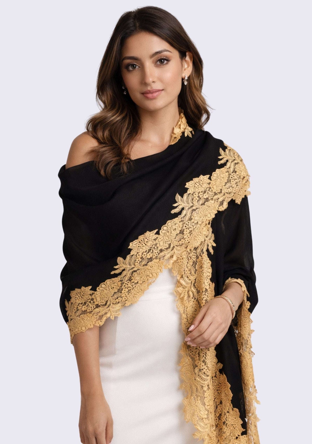 Black wool and silk scarf with dark gold lace