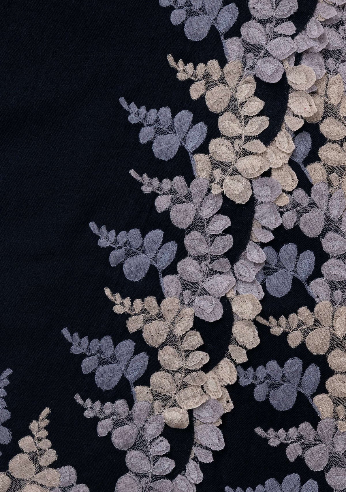 Black wool and silk scarf with mousse, dark gray and natural lace