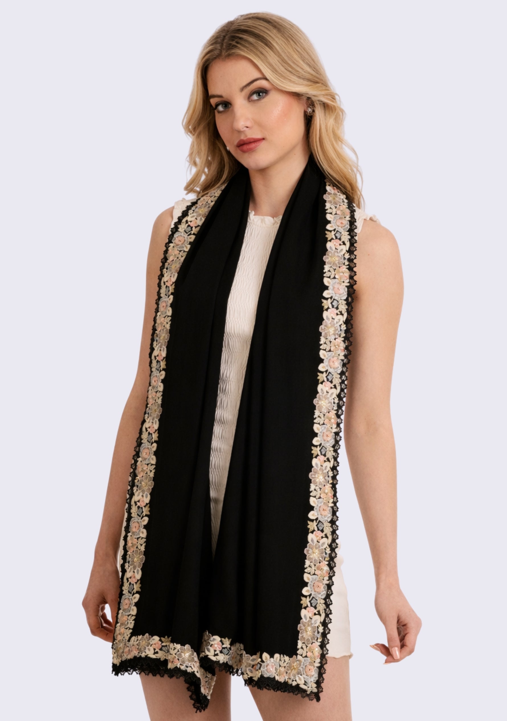Black wool and silk scarf with multi-colored embroidery and black lace