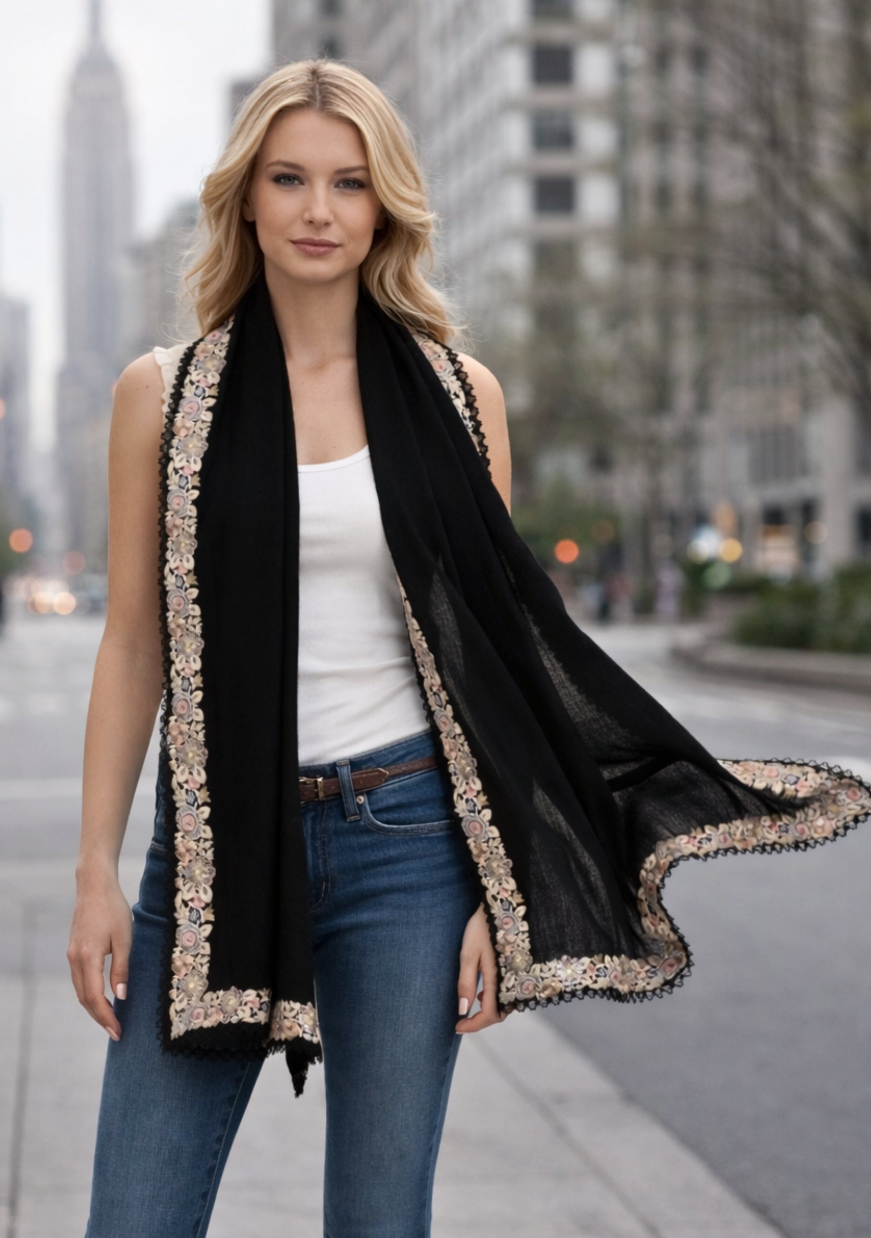 Black wool and silk scarf with multi-colored embroidery and black lace