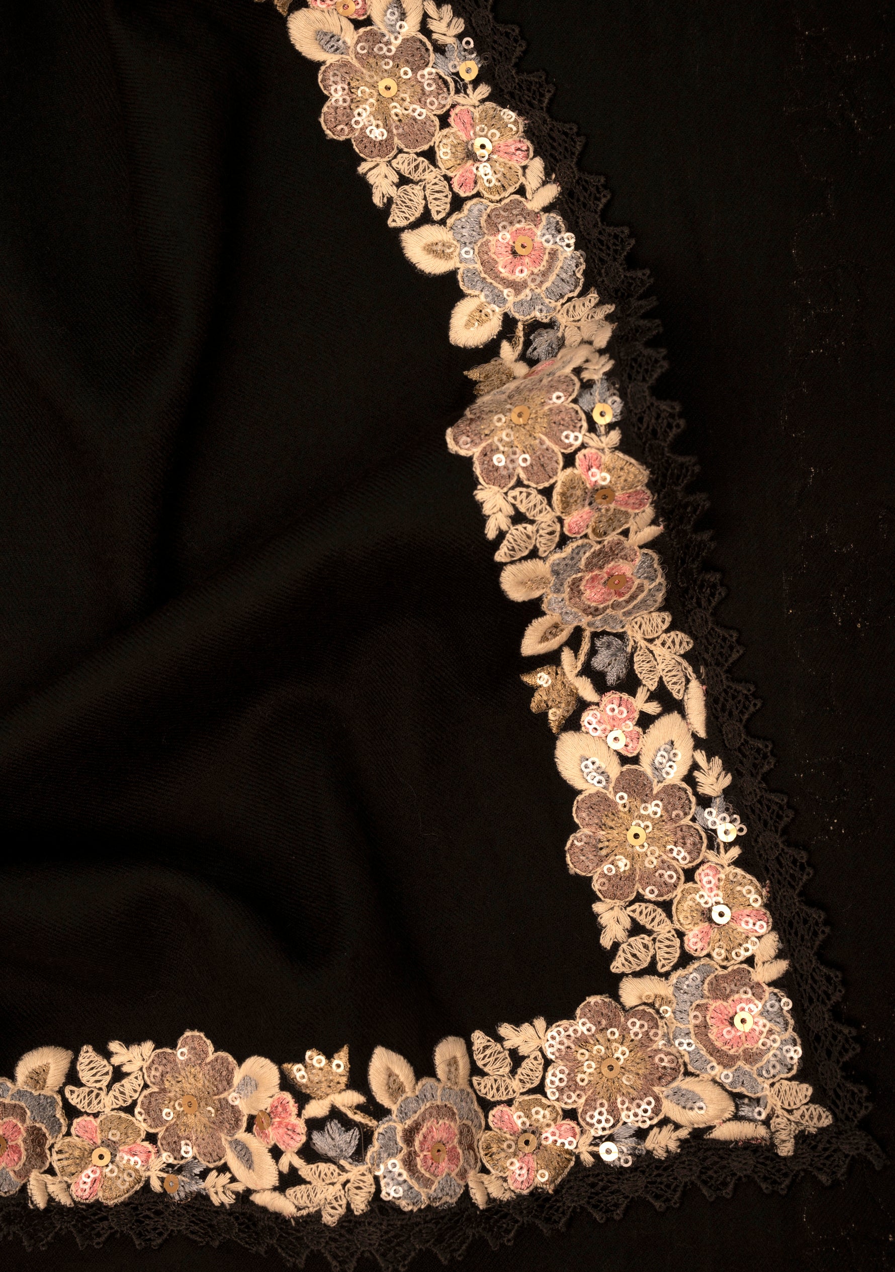 Black wool and silk scarf with multi-colored embroidery and black lace