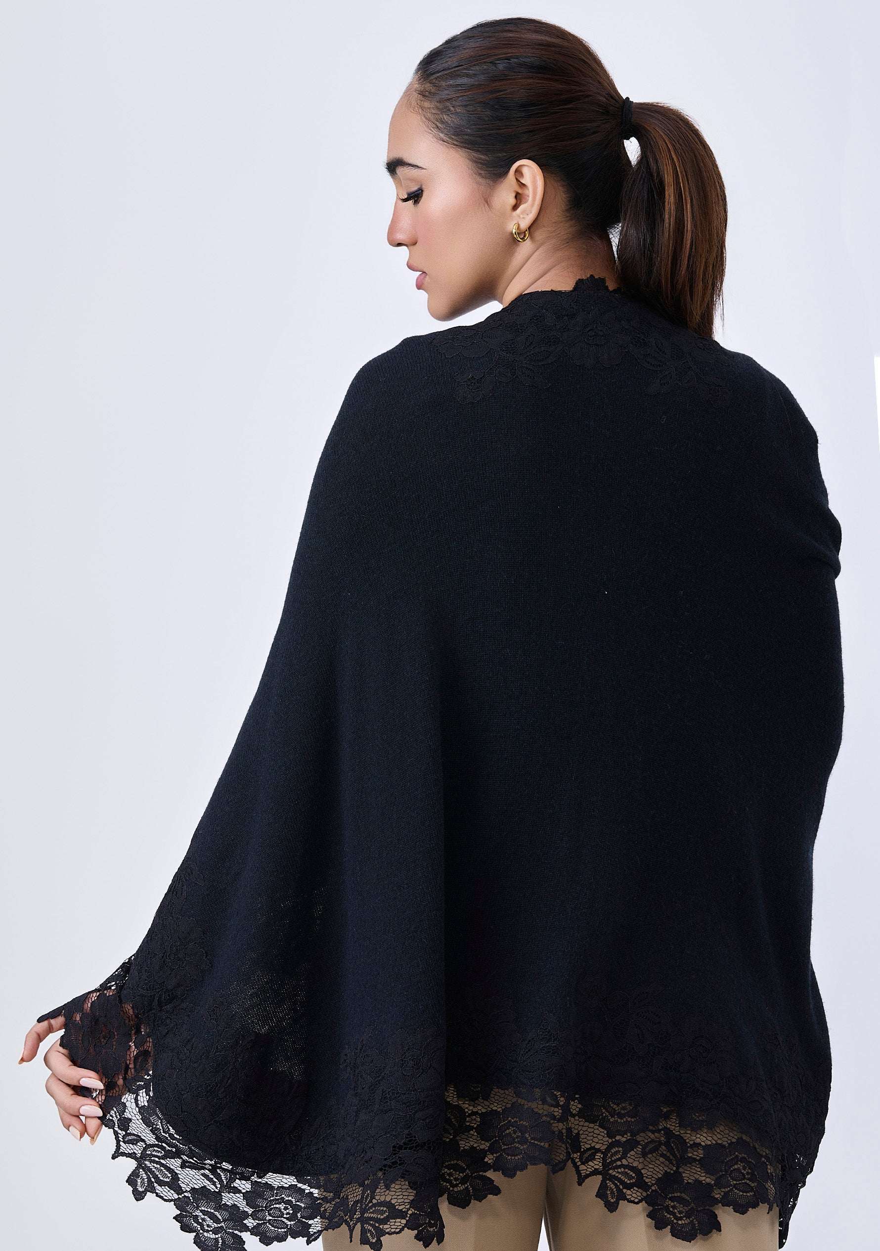 Black wool cape with black lace
