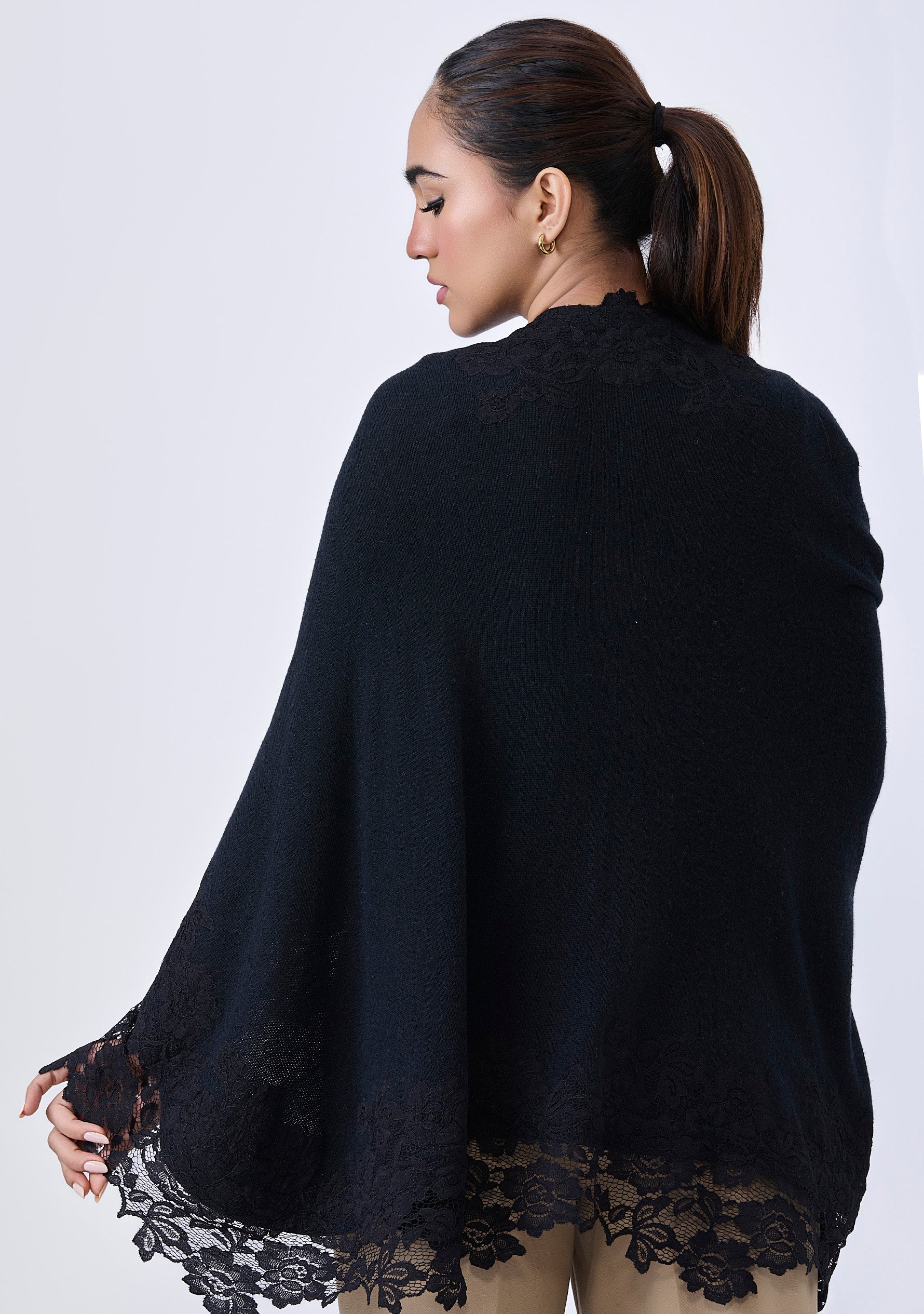 Black wool cape with black lace
