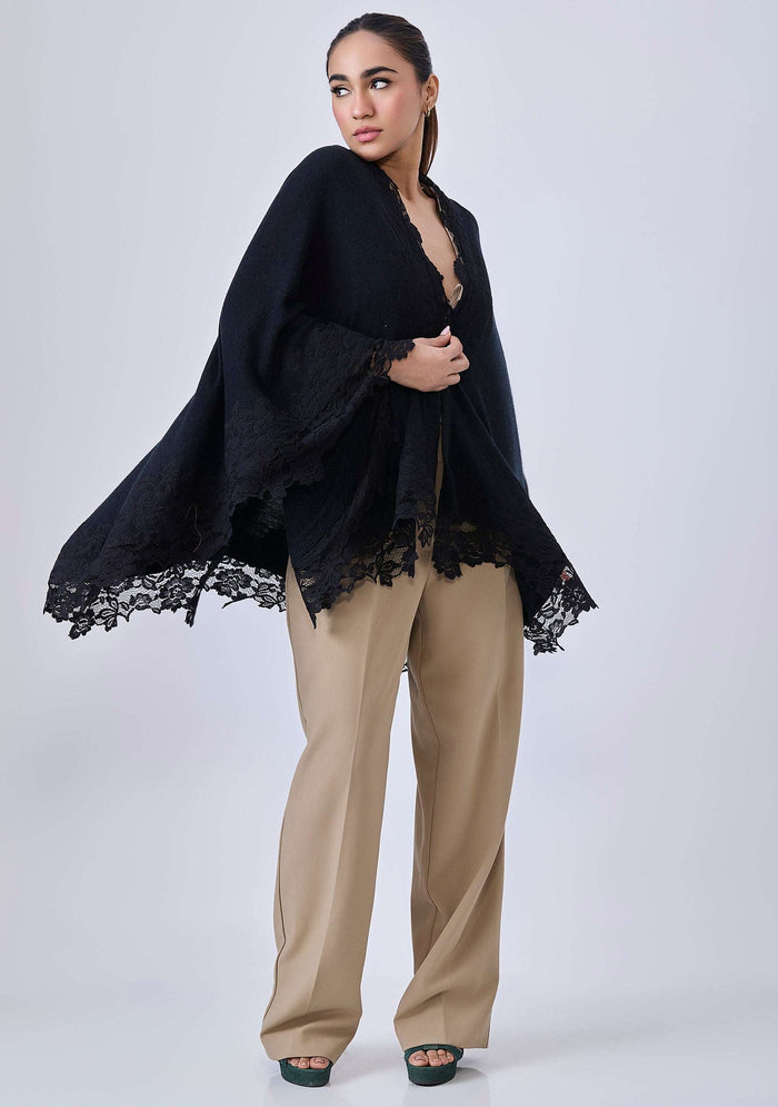Black wool cape with black lace