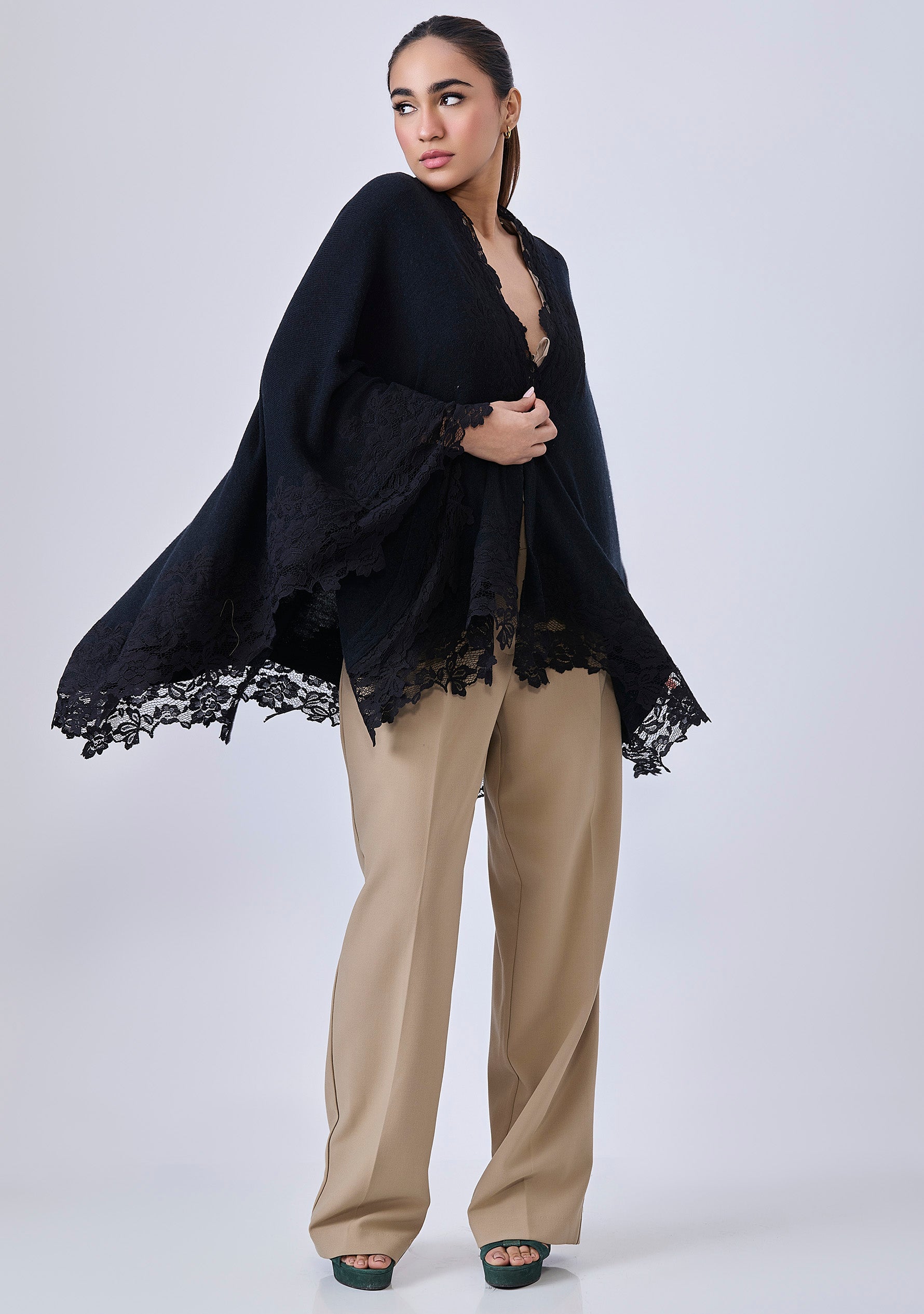 Black wool cape with black lace