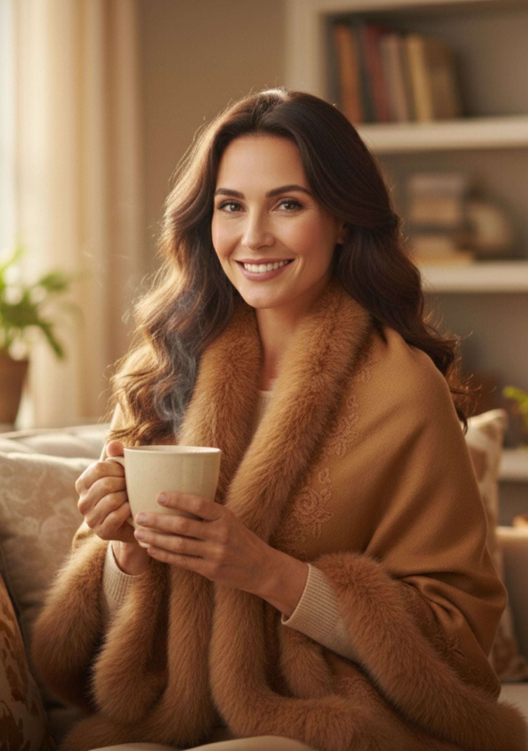 Maneesha Ruia camel cashmere wrap with camel fox fur and floral lace, luxury designer winter wrap for women