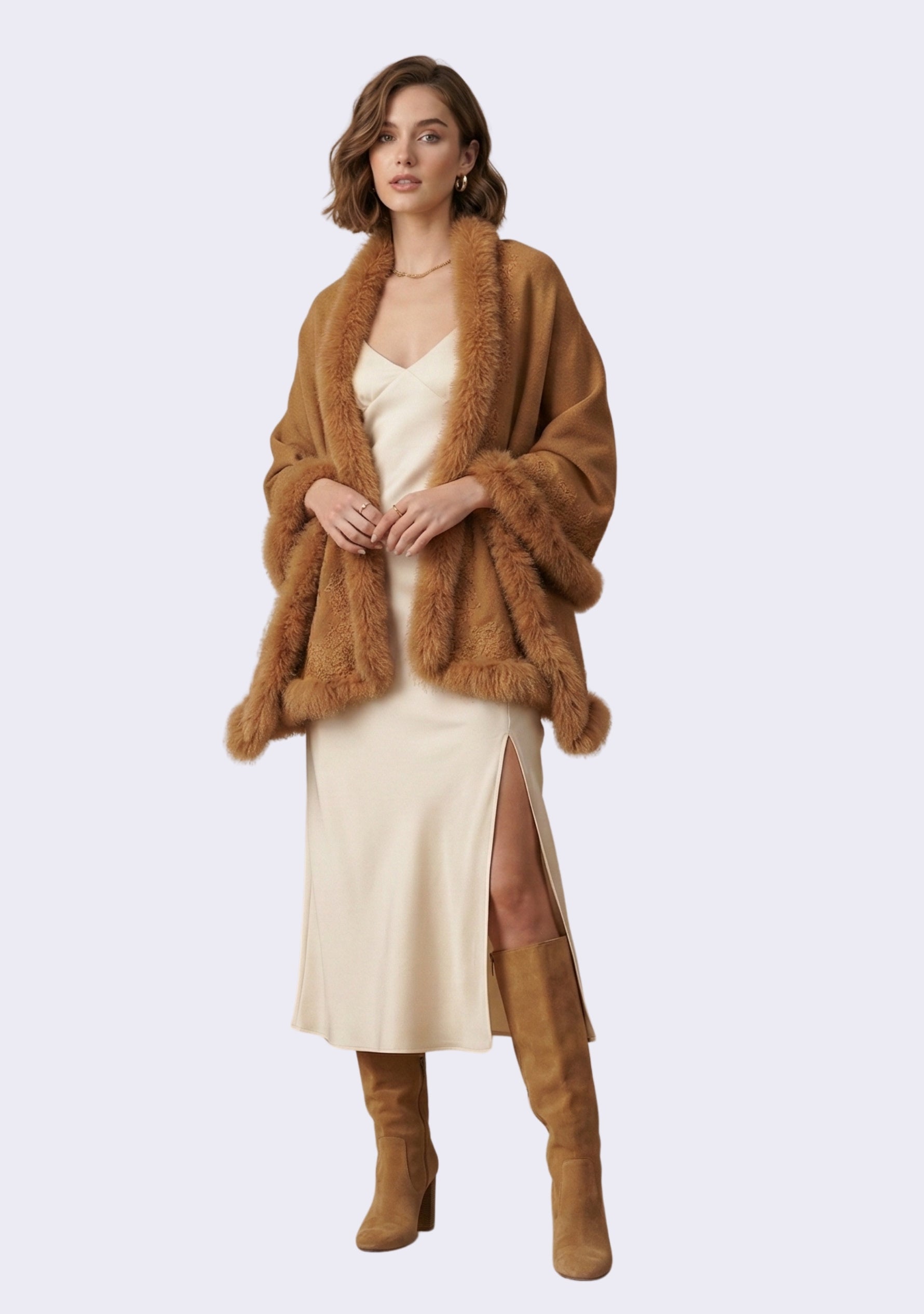 Maneesha Ruia camel cashmere wrap with camel fox fur and floral lace, luxury designer winter wrap for women