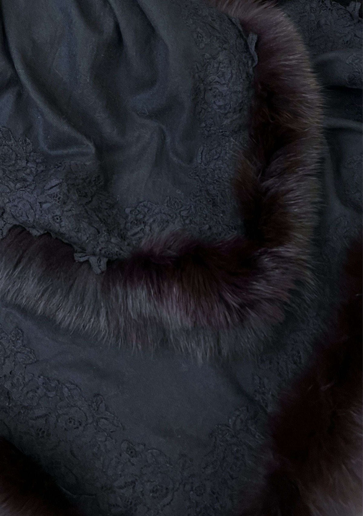 Charcoal cashmere wrap with fox fur and charcoal floral lace