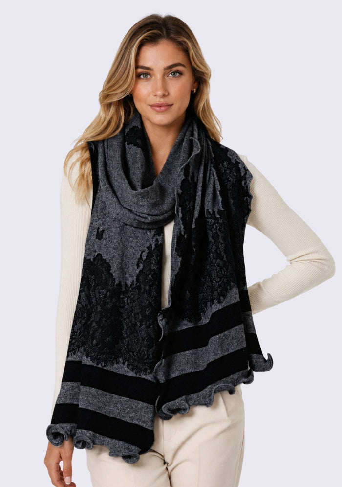 Charcoal melange and black wool stole with black lace