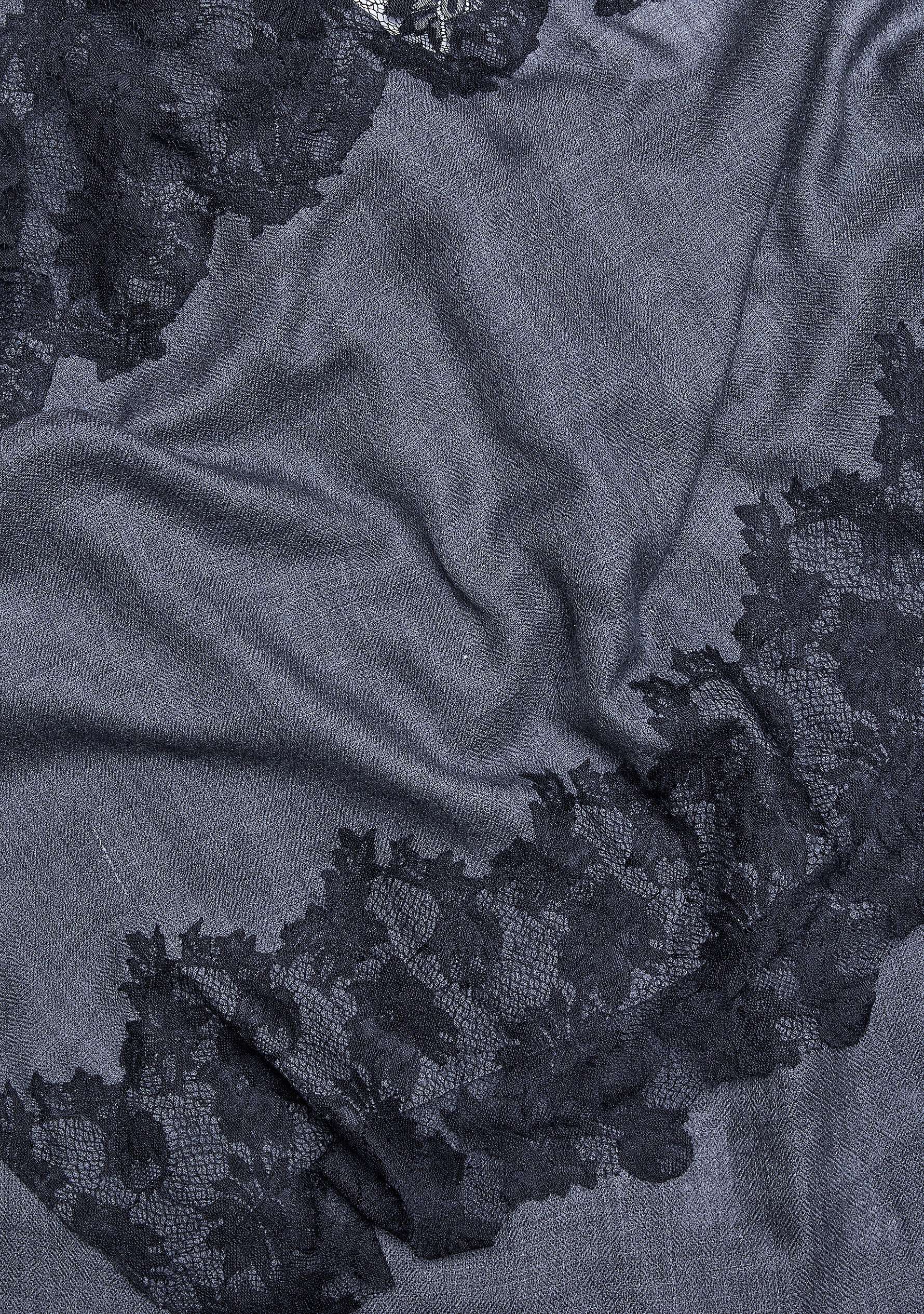 Charcoal melange wool and silk scarf with black lace