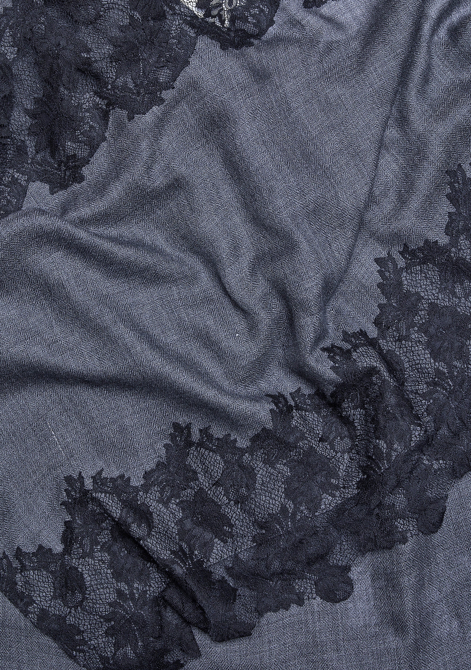 Charcoal melange wool and silk scarf with black lace