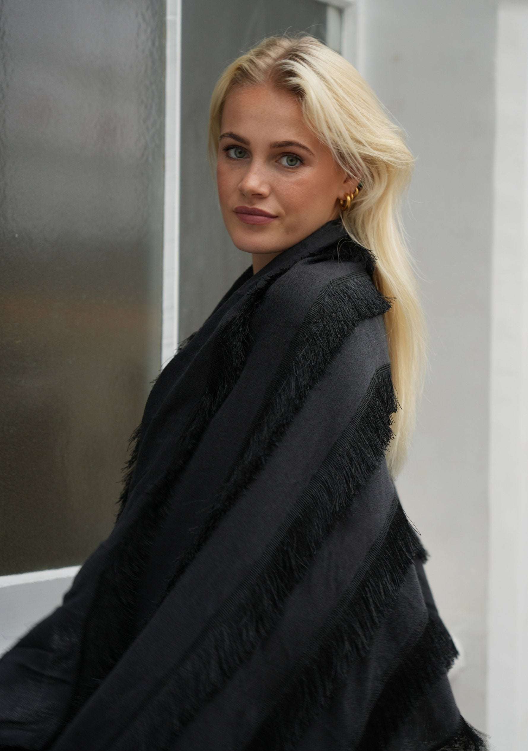 Charcoal wool and silk scarf with black fringe panels