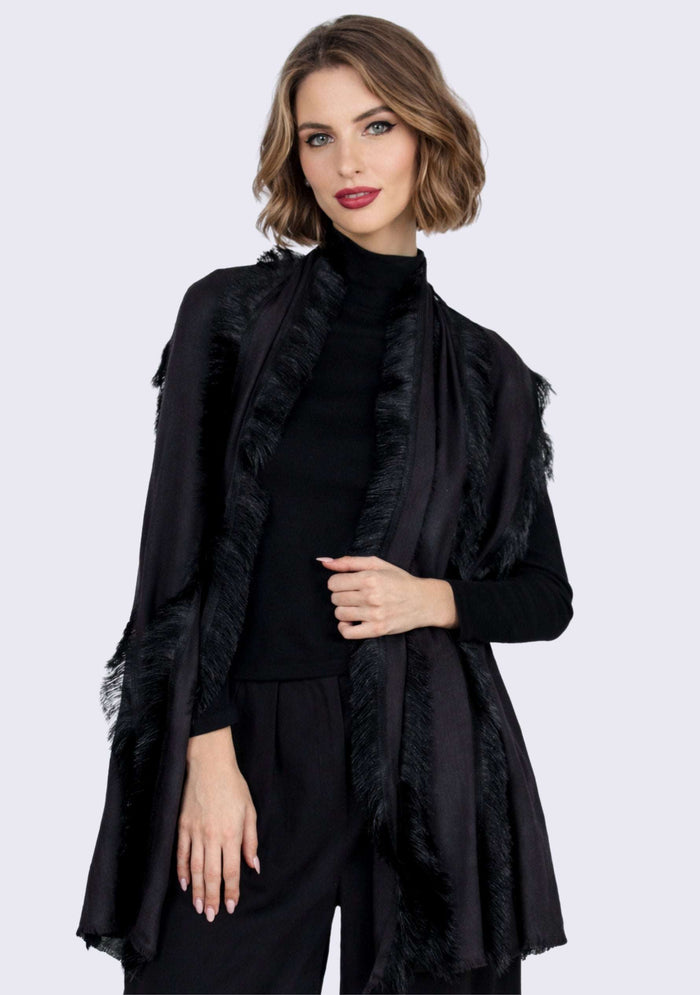 Charcoal wool and silk scarf with black fringe panels