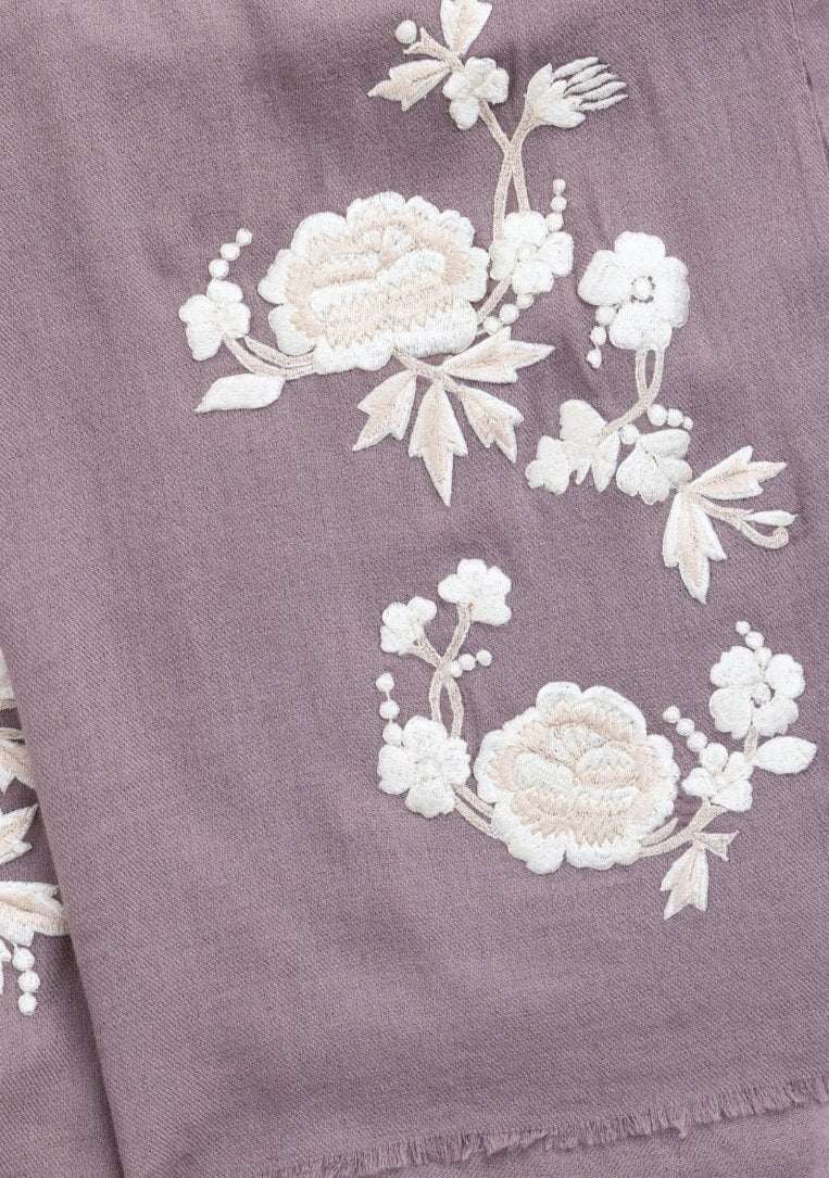 Copper cashmere scarf with ivory and beige embroidery
