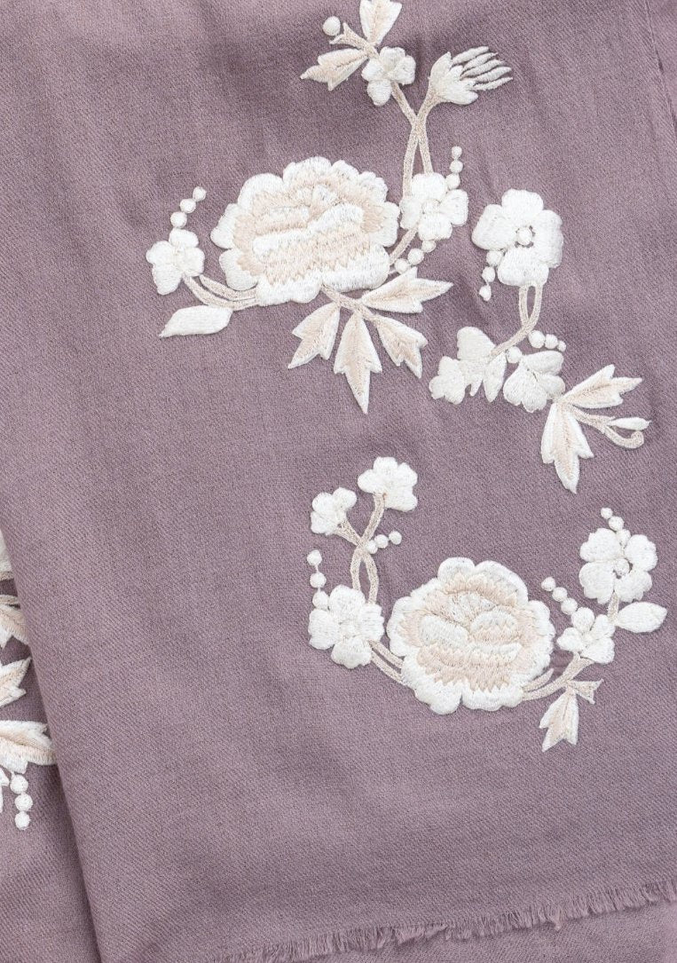 Copper cashmere scarf with ivory and beige embroidery