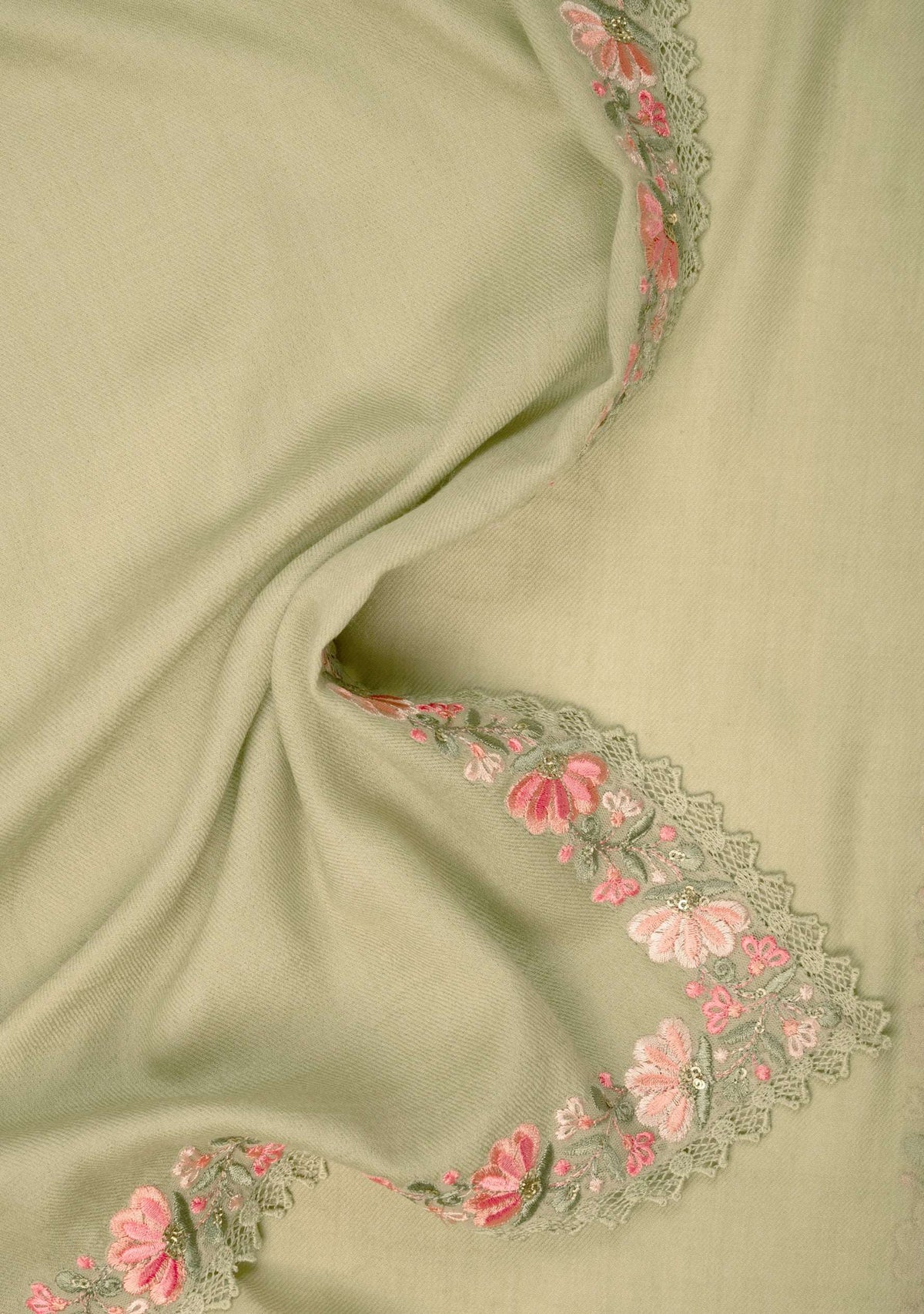 Fern green wool and silk scarf with multi-colored embroidery and fern green lace