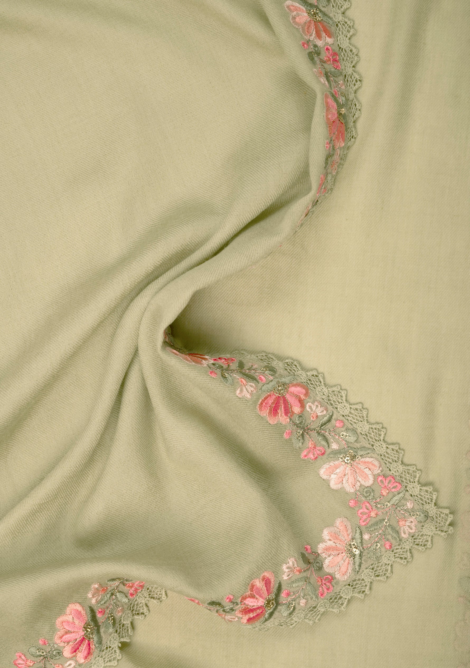 Fern green wool and silk scarf with multi-colored embroidery and fern green lace
