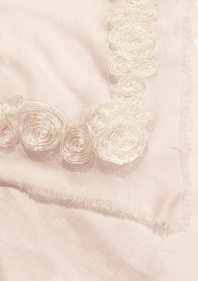 Ivory cashmere scarf with ivory ribbon roses