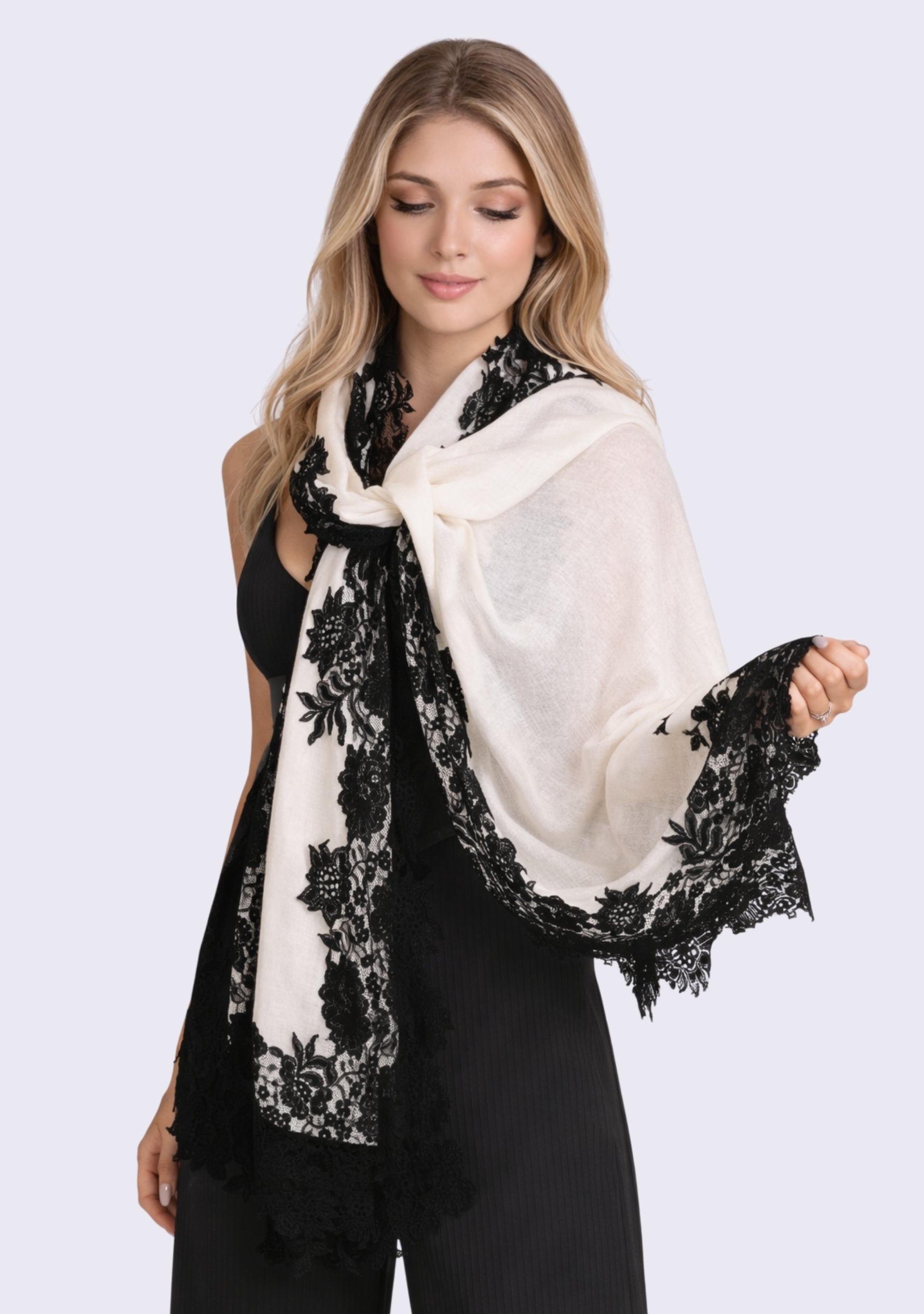 Ivory wool and silk scarf with black lace
