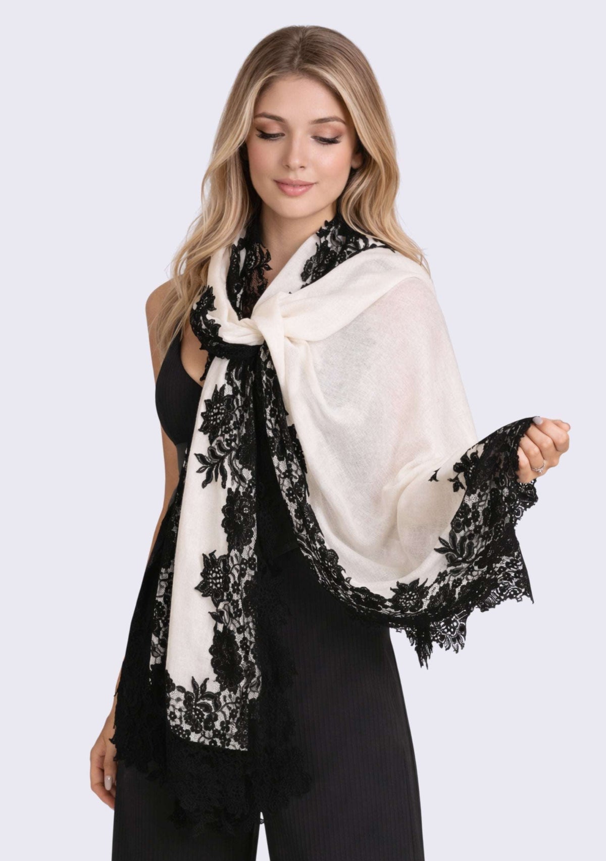 Ivory wool and silk scarf with black lace