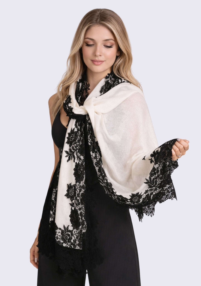 Ivory wool and silk scarf with black lace