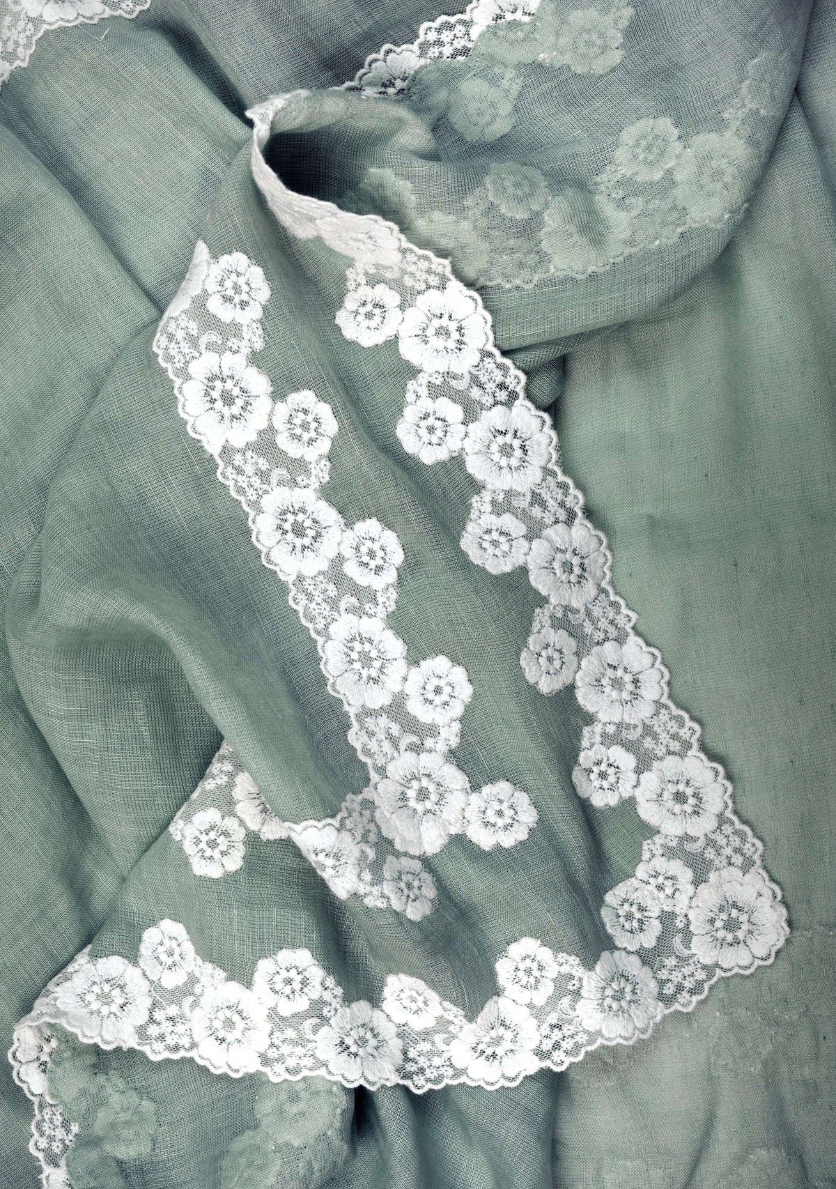 Light sage green linen and modal scarf with white lace