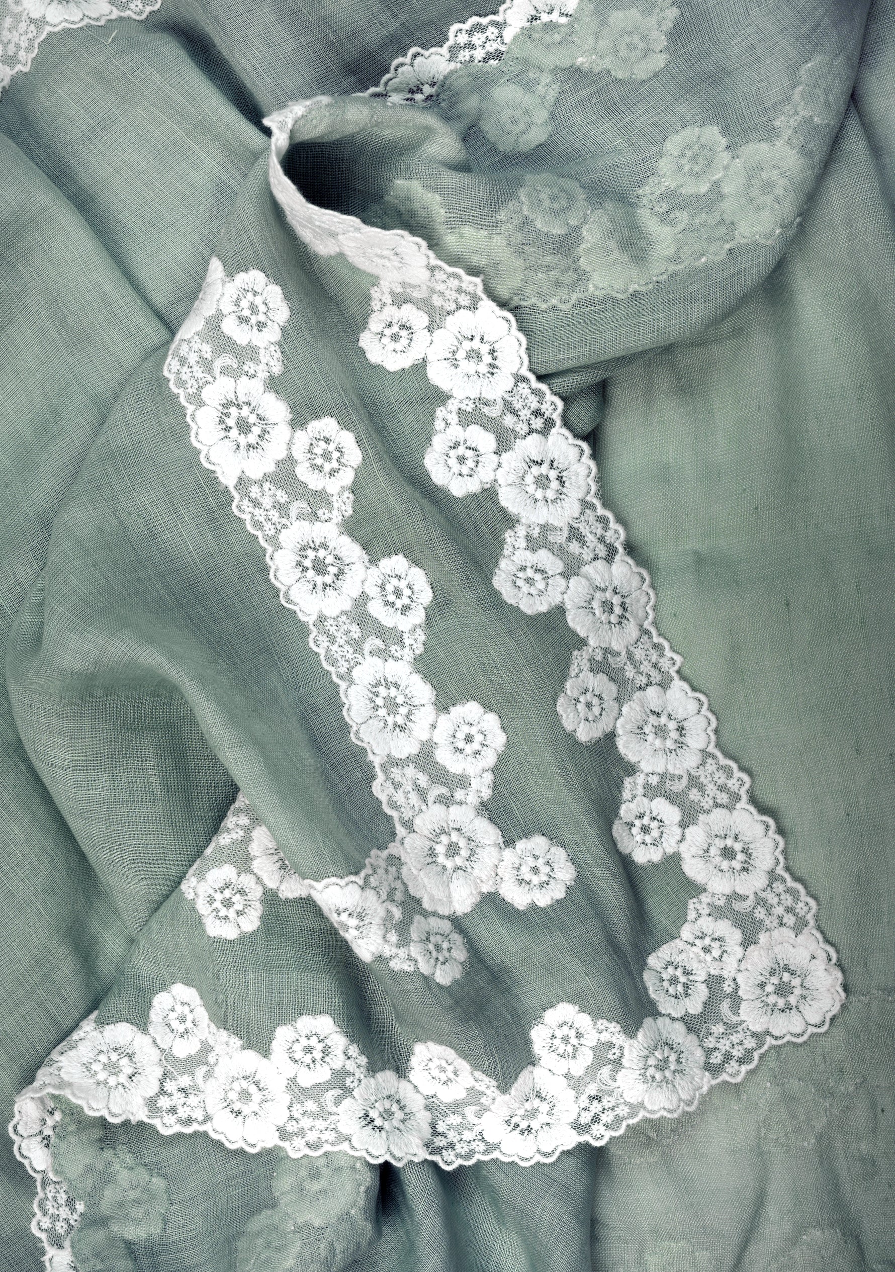 Light sage green linen and modal scarf with white lace