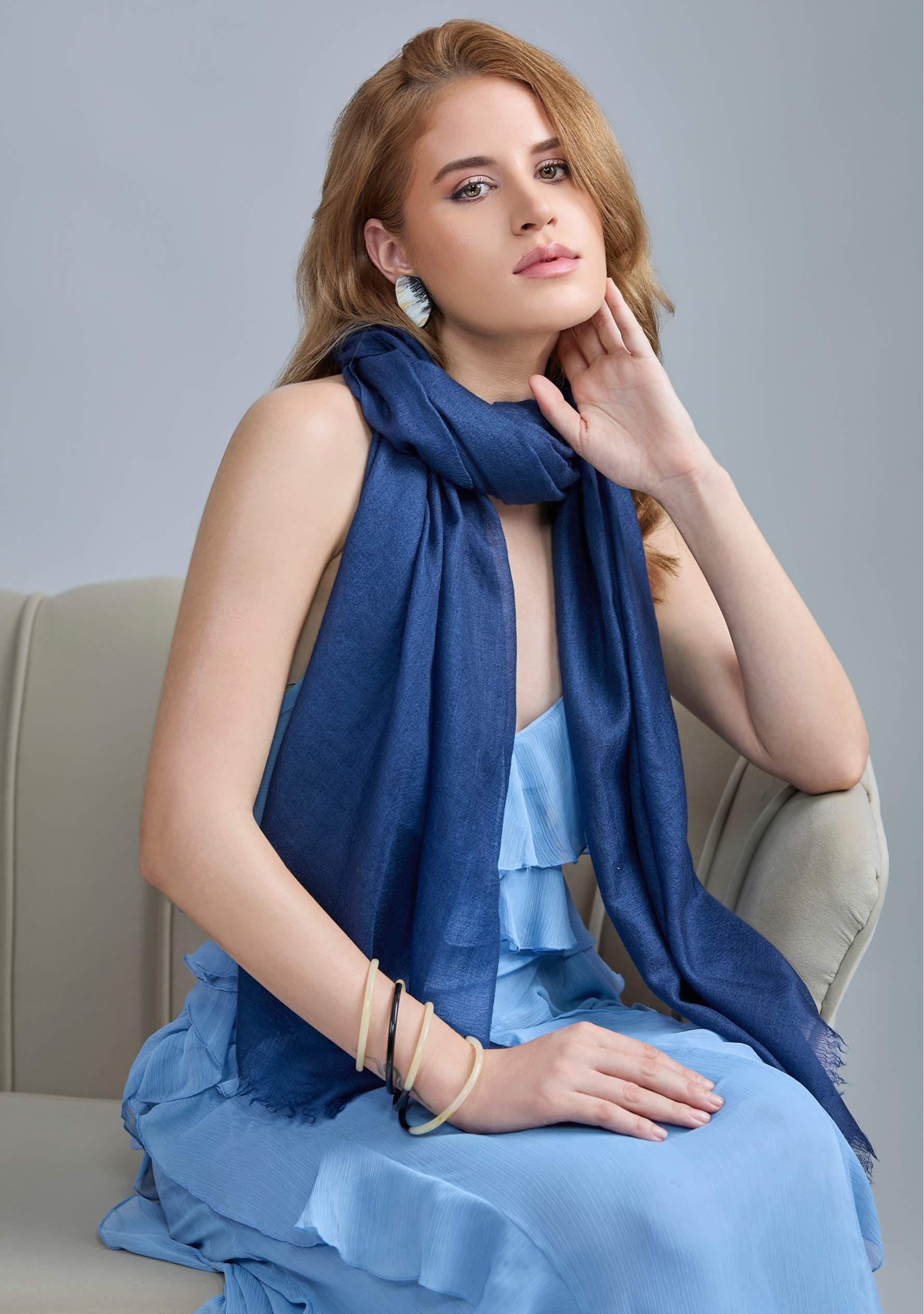 Maneesha Ruia marine blue superfine cashmere pashmina scarf, luxury designer scarf for women