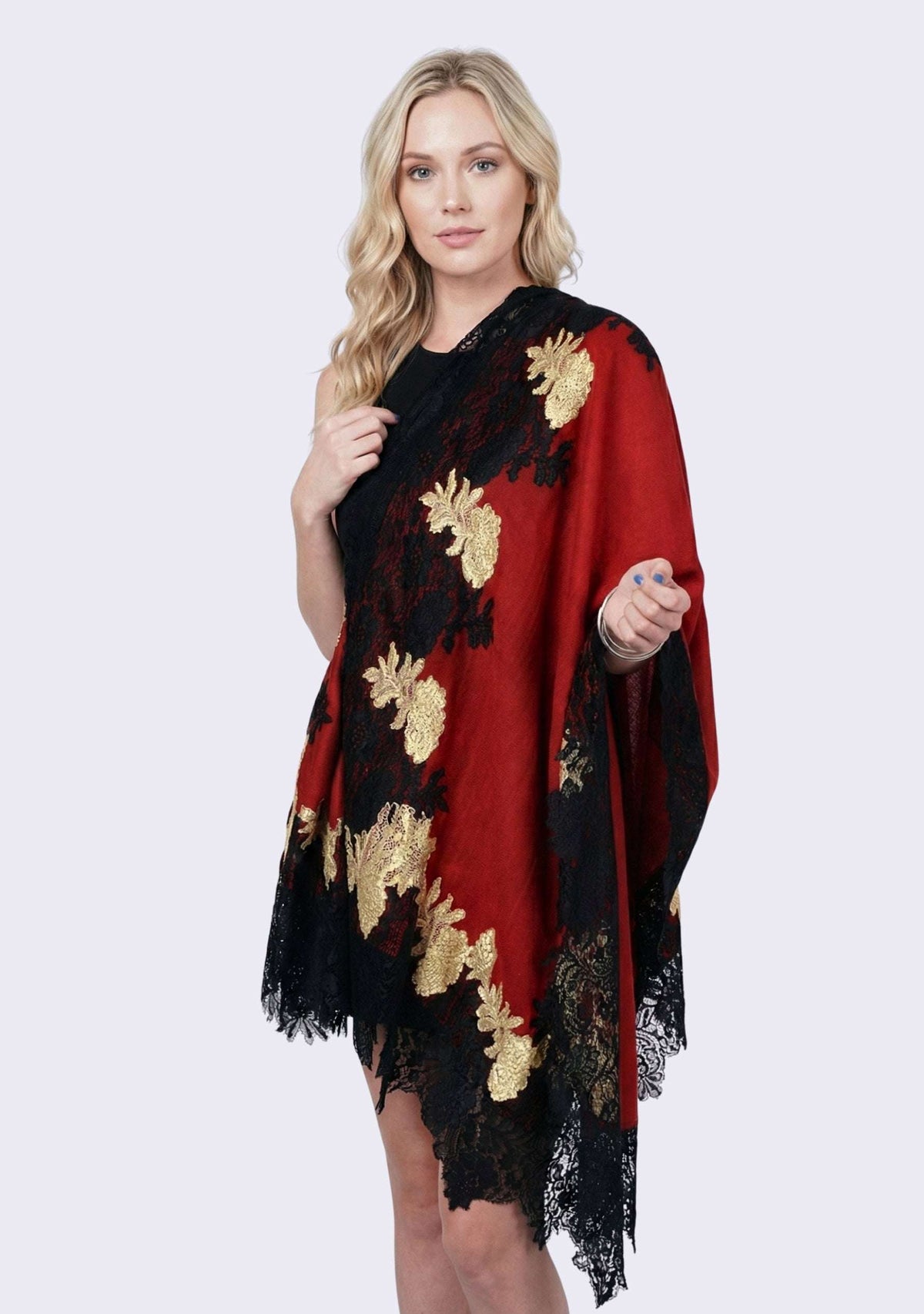 Maroon wool and silk scarf with black and dark gold double color lace