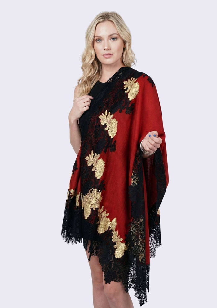 Maroon wool and silk scarf with black and dark gold double color lace